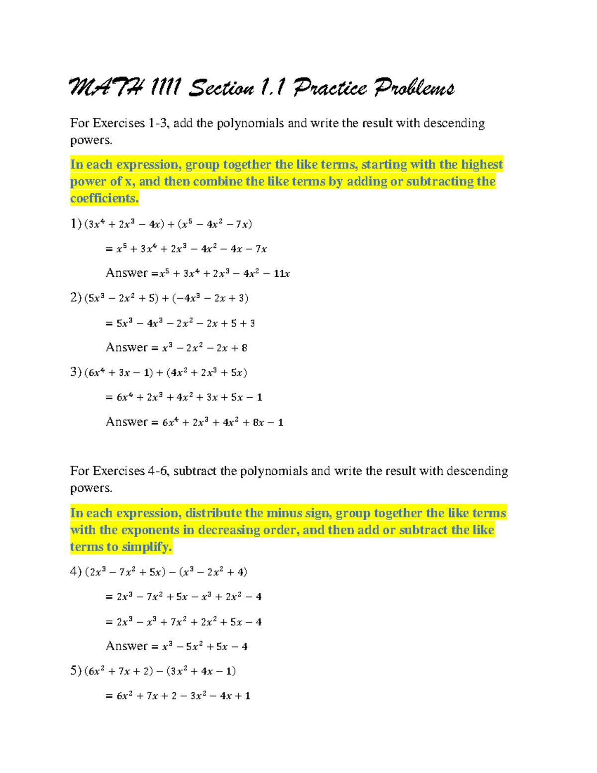 Week 1- Math 1111 Section 1.1 Practice Problems (Answers) - MATH 1111 ...