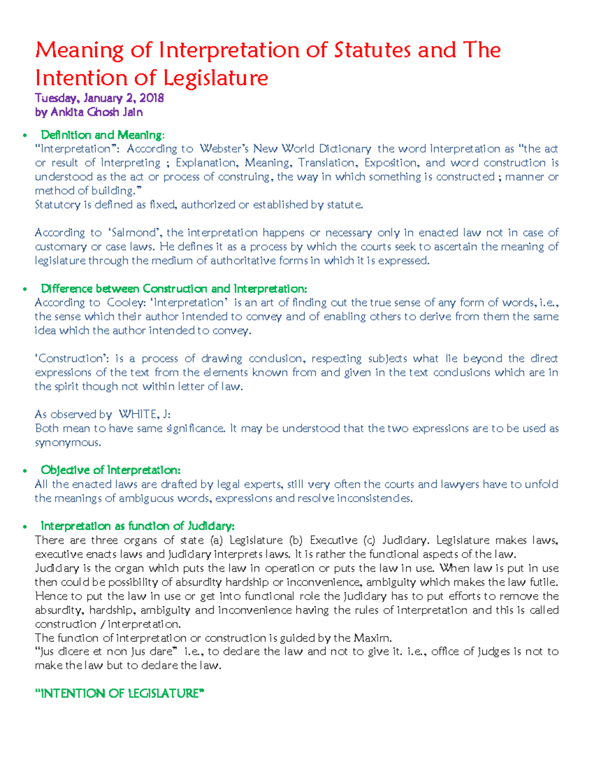 Interpretation of Statutes and The Intention of Legislature Meaning of Interpretation of
