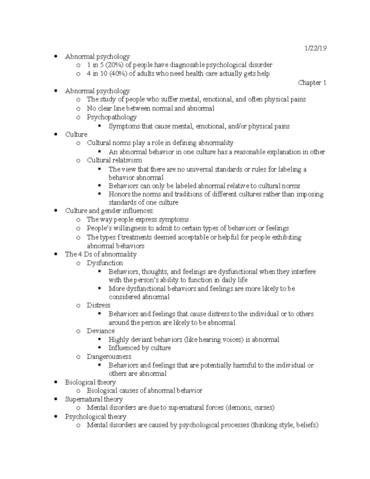 380 - 1:22:19 - Lecture notes 1 - 1/22/19 Abnormal psychology o 1 in 5 ...