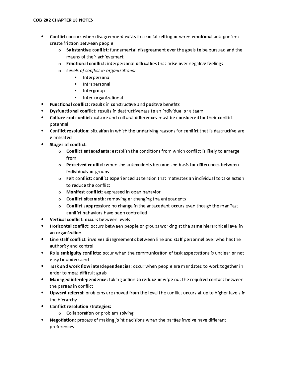 COB 202 Chapter 10 Lecture Notes - COB 202 CHAPTER 10 NOTES Conflict ...