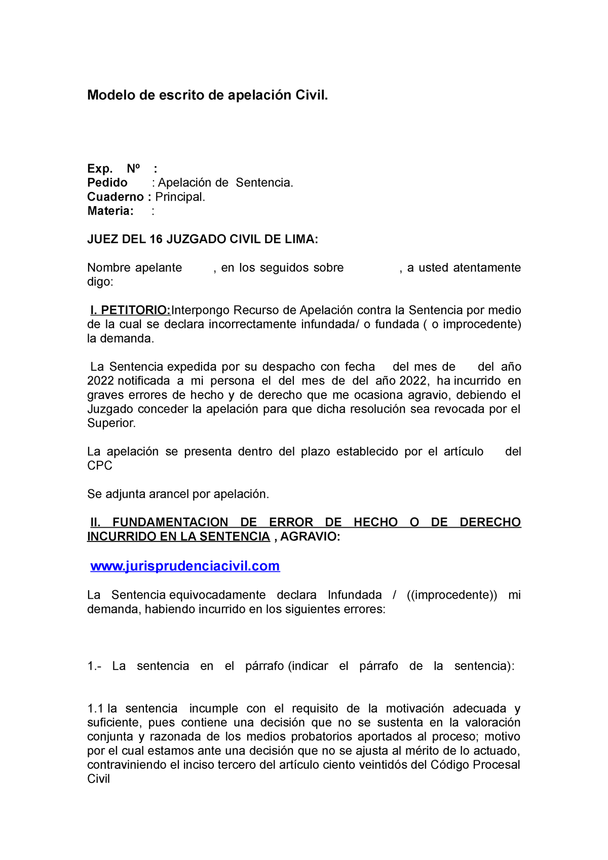 Modelo de escrito de apelación Civil - Exp. Nº : Pedido : Apelación de  Sentencia. Cuaderno : - Studocu