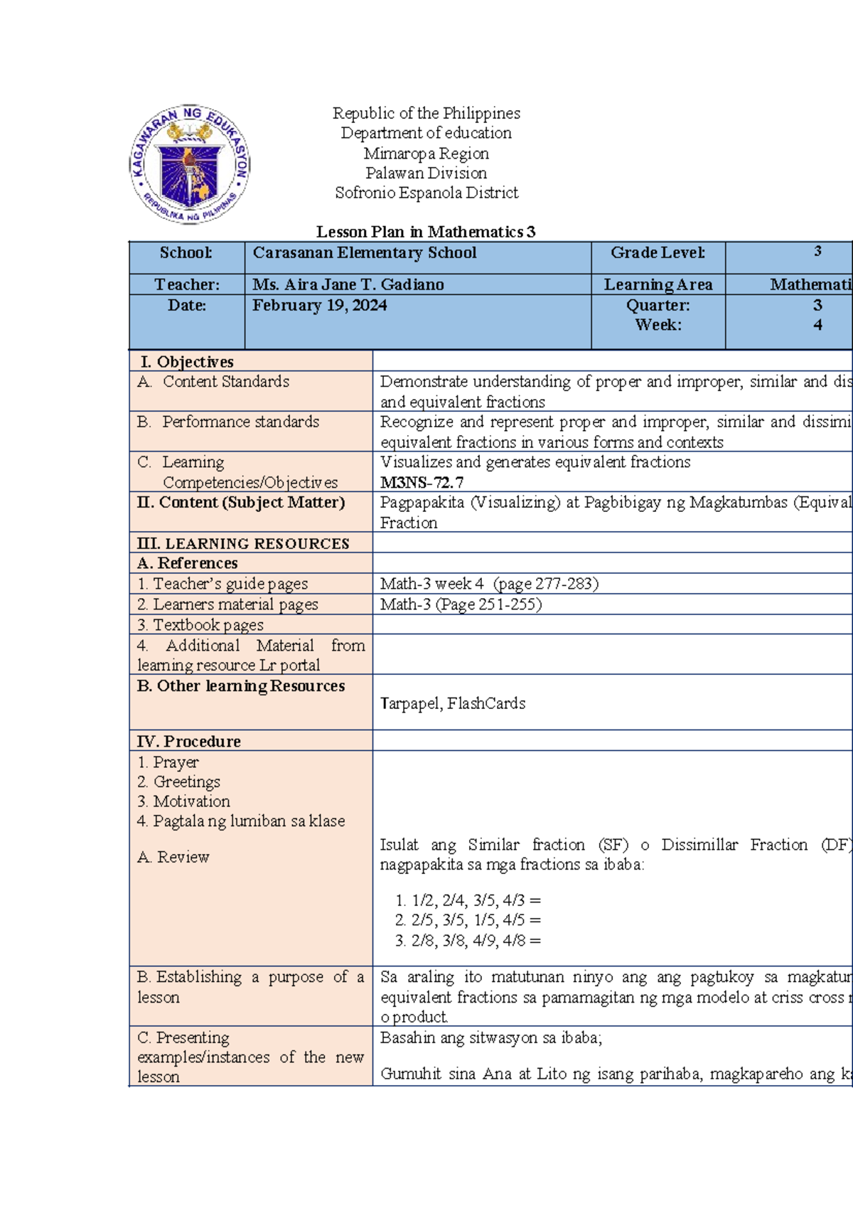 Lesson Plan In Math Republic Of The Philippines Department Of Education Mimaropa Region 2711