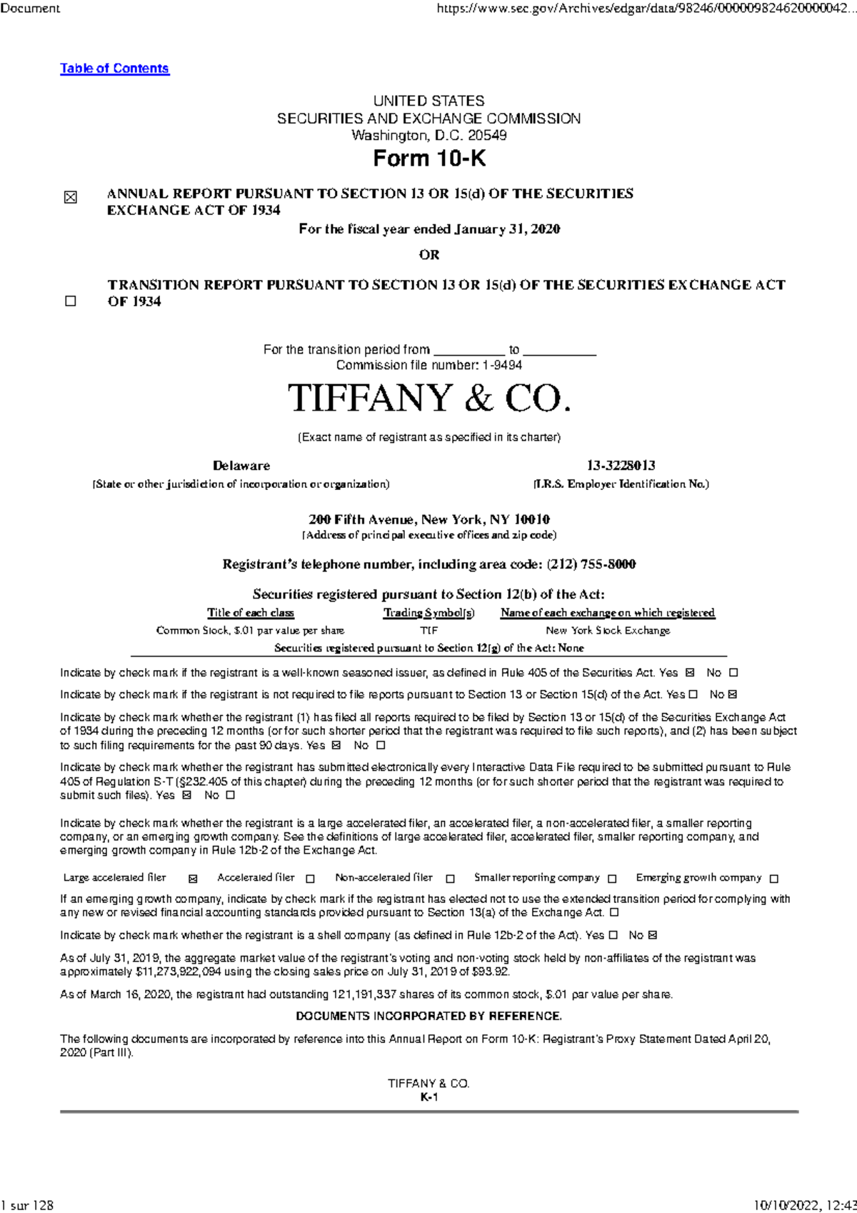 Tiffany annual report 10K Table of Contents UNITED STATES SECURITIES