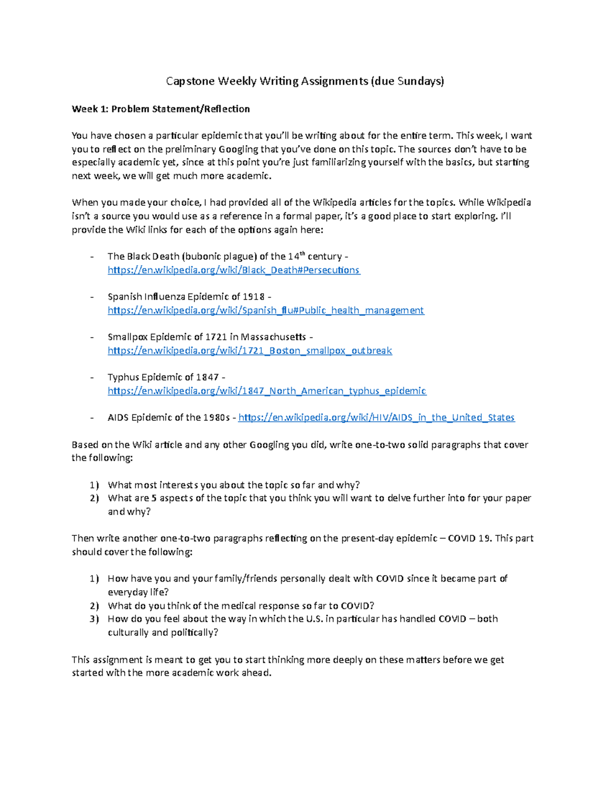 Capstone Writing Assignments Capstone Weekly Writing Assignments Due Capstone Writing Assignments Capstone Weekly Writing Assignments Due