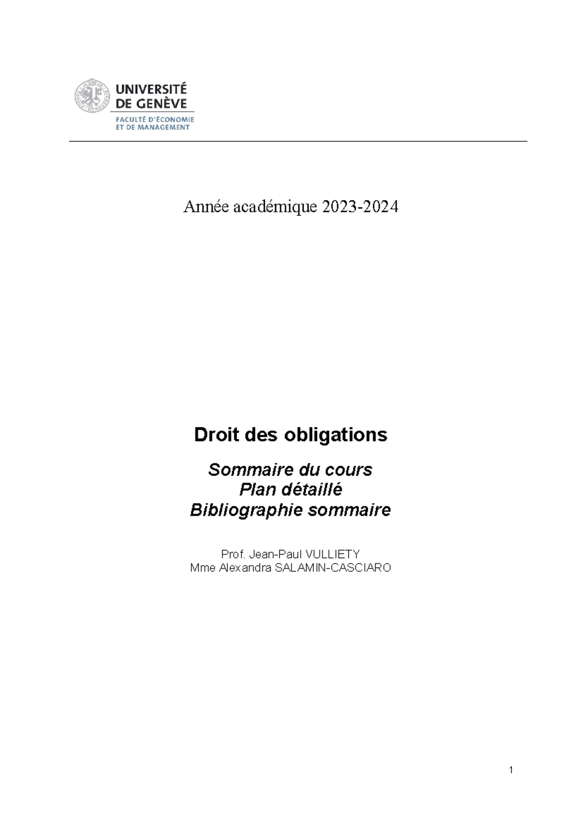 Plan 2024 - modifié - Cours entier de droit des obligations (GSEM ...