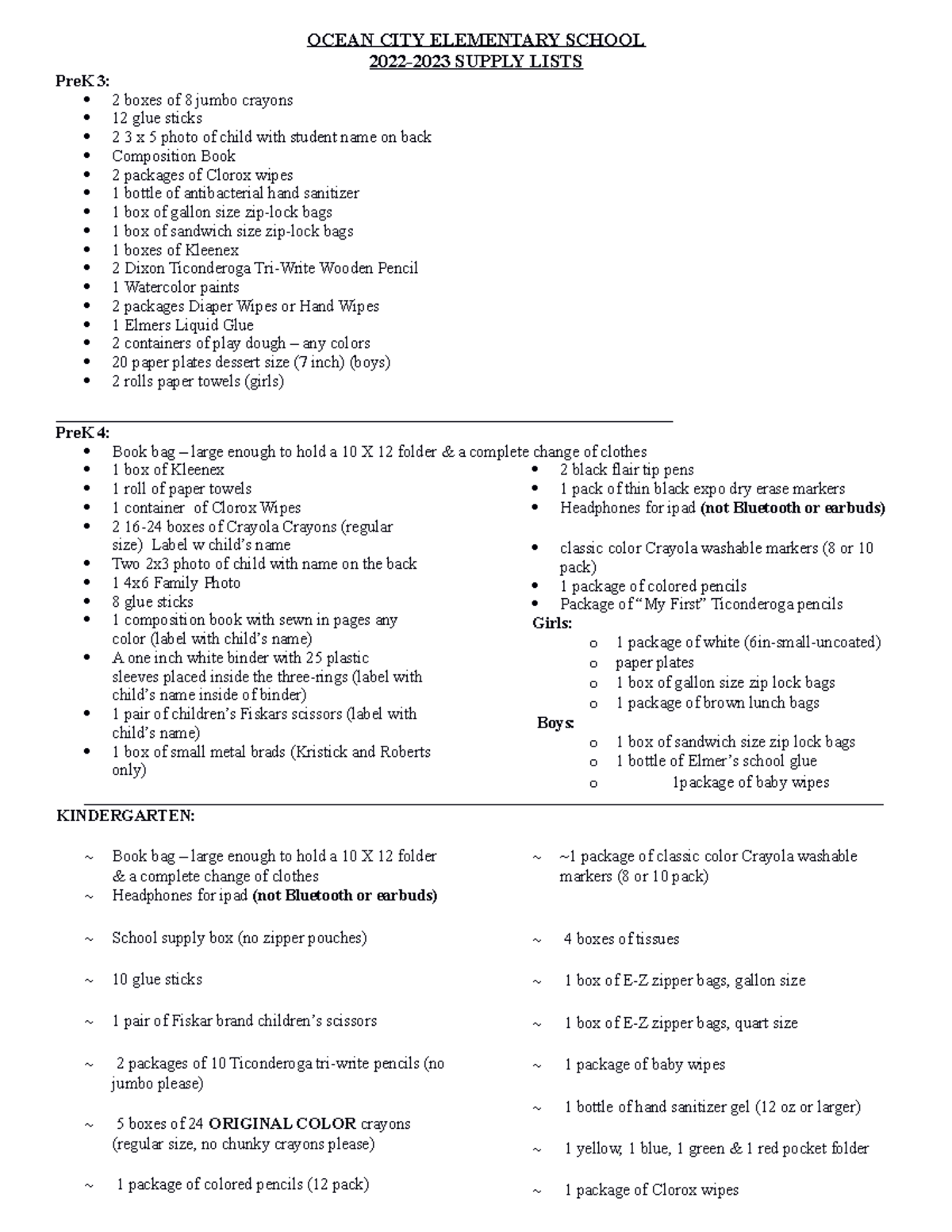 Supply list 2022-2023 - Essay. - OCEAN CITY ELEMENTARY SCHOOL 2022-2023 ...