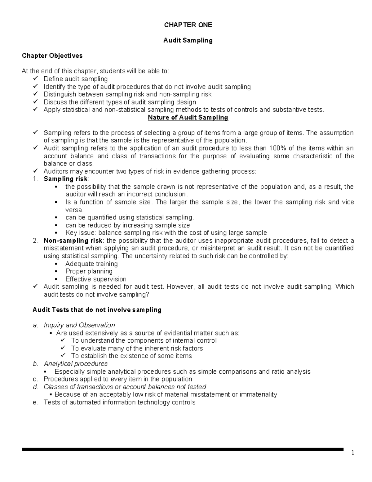 Chapter ONE.lecture note Mar 2023 - CHAPTER ONE Audit Sampling Chapter ...
