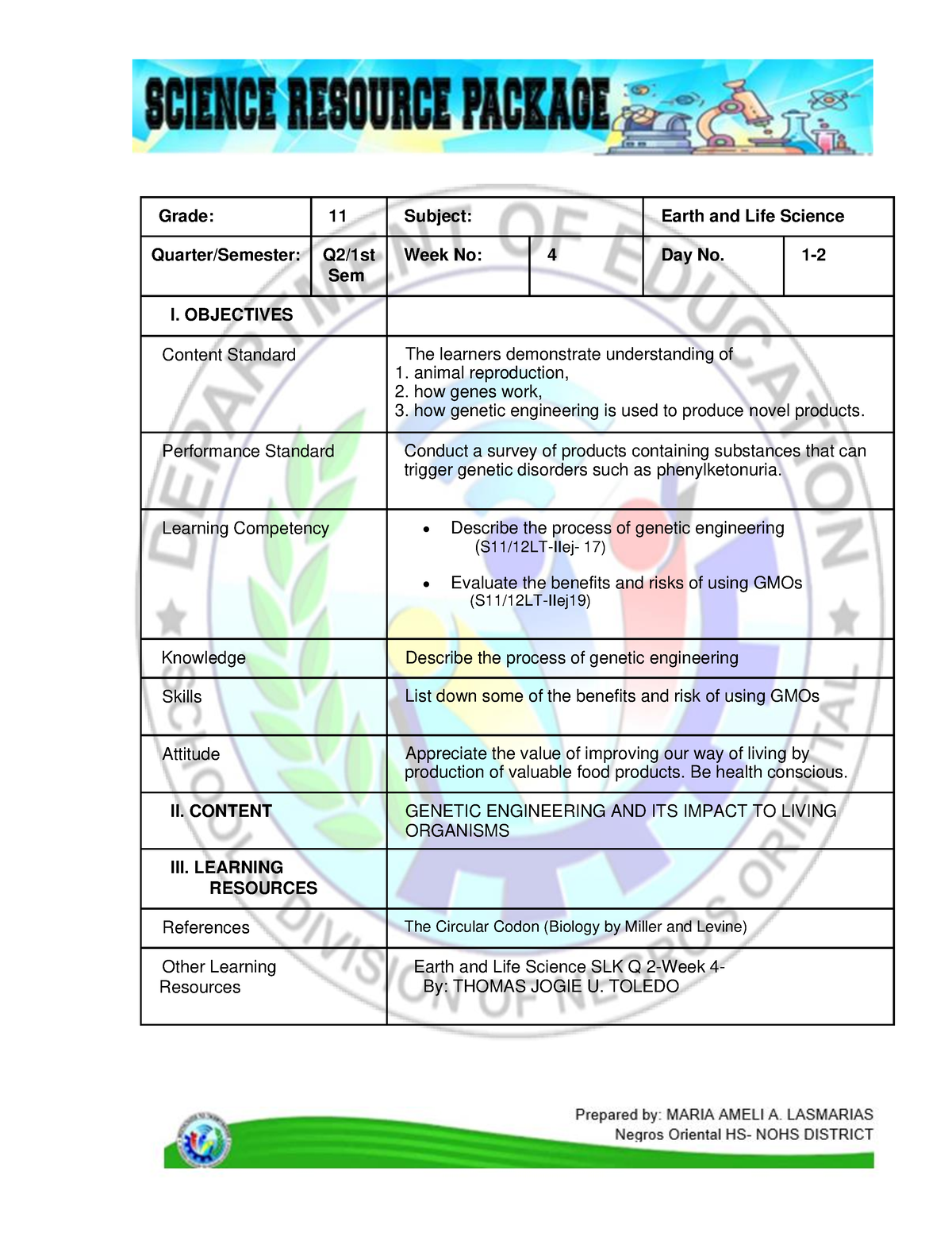 Earth And Life Sci S Q2 DLP Week 4 - Grade: 11 Subject: Earth And Life ...