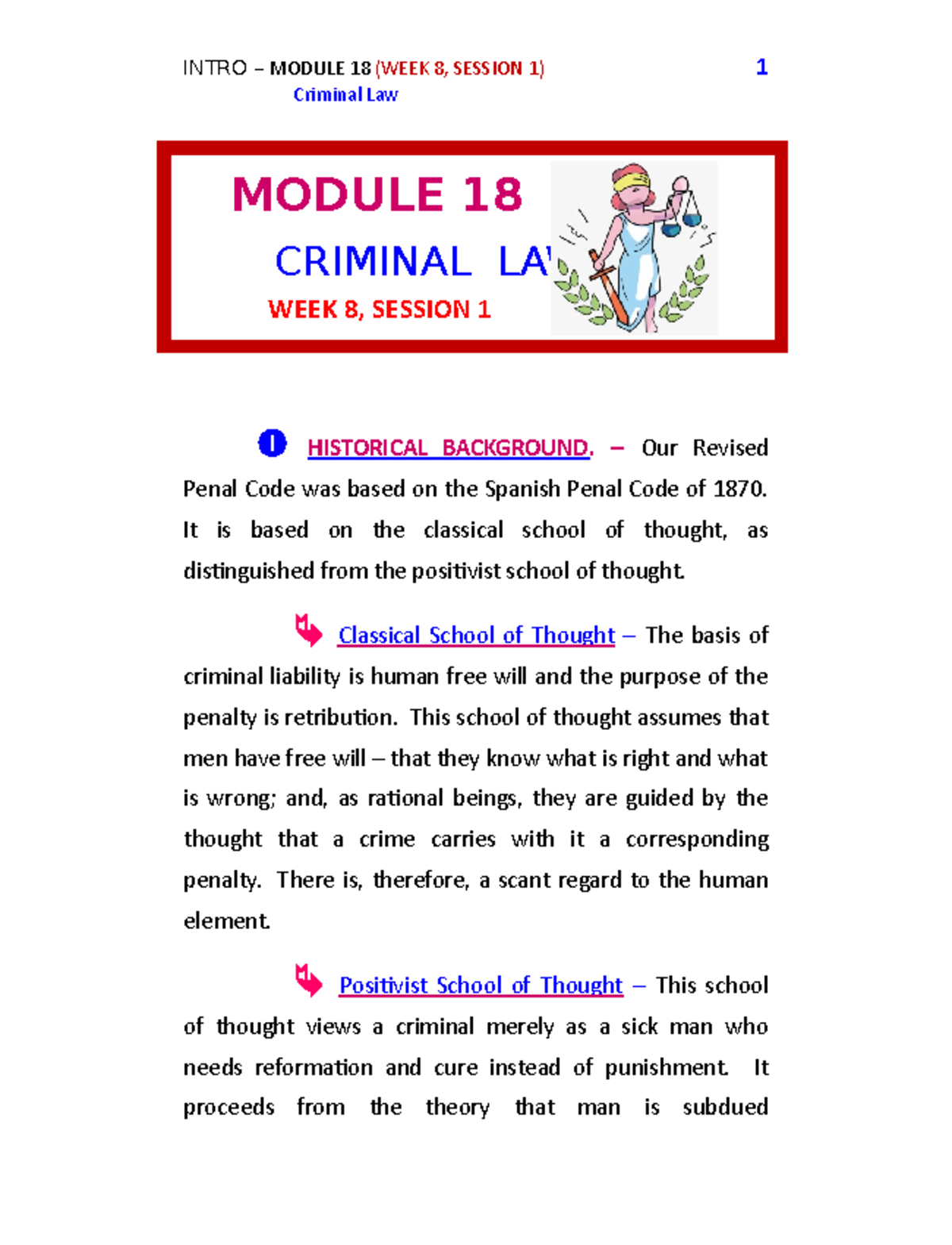 Mod18Wk8S1-Criminal-Law 1 - Criminal Law MODULE 18 CRIMINAL LAW WEEK 8 ...