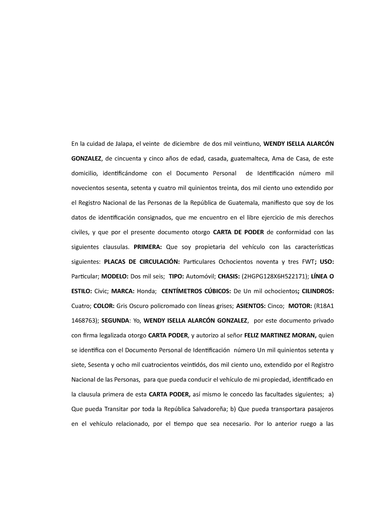 Carta Poder Con Autorizacion Para Salir Del Pais Con Vehiculo A Nombre De Otra Persona En La 7679