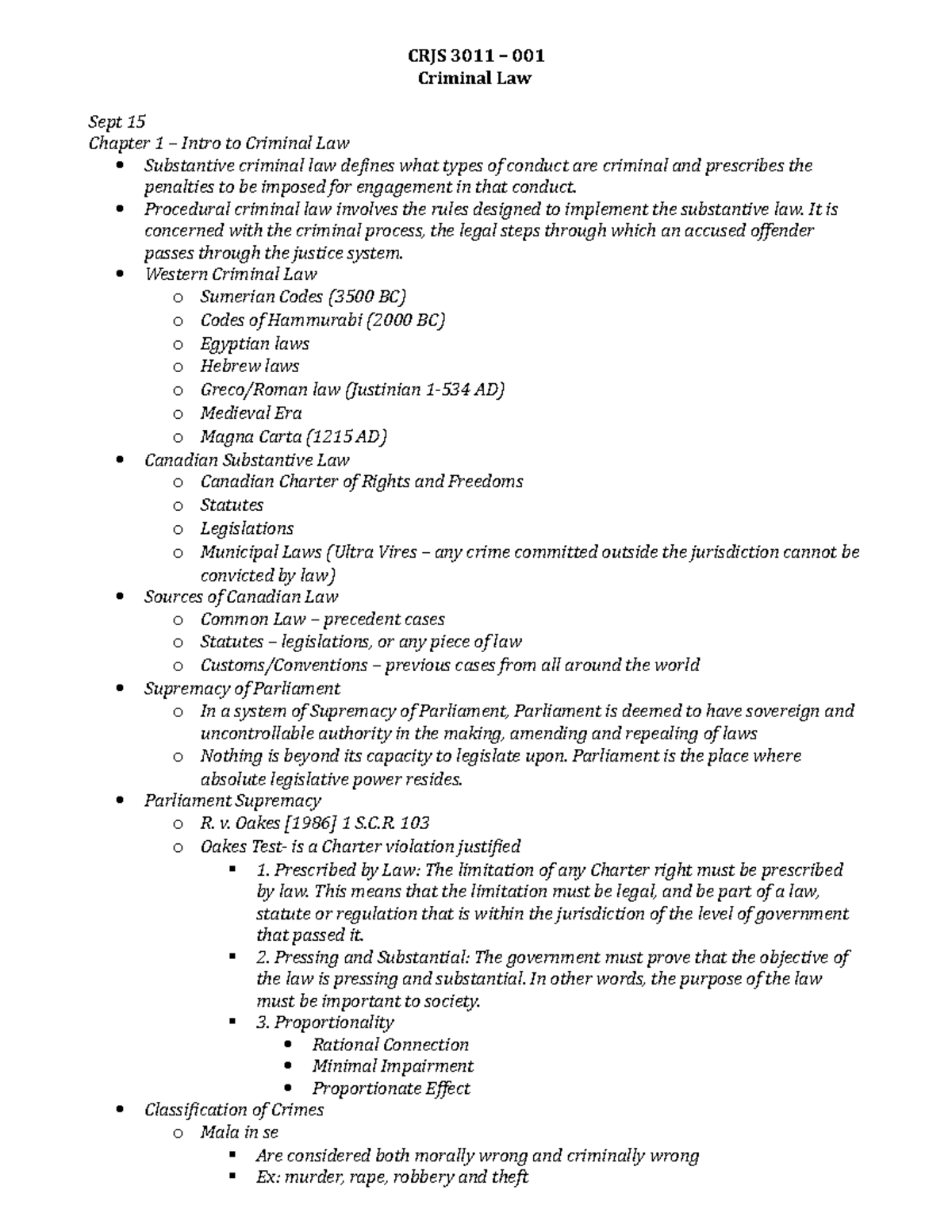 Lecture Notes, All Lectures - CRJS 3011 001 Criminal Law Sept 15 ...