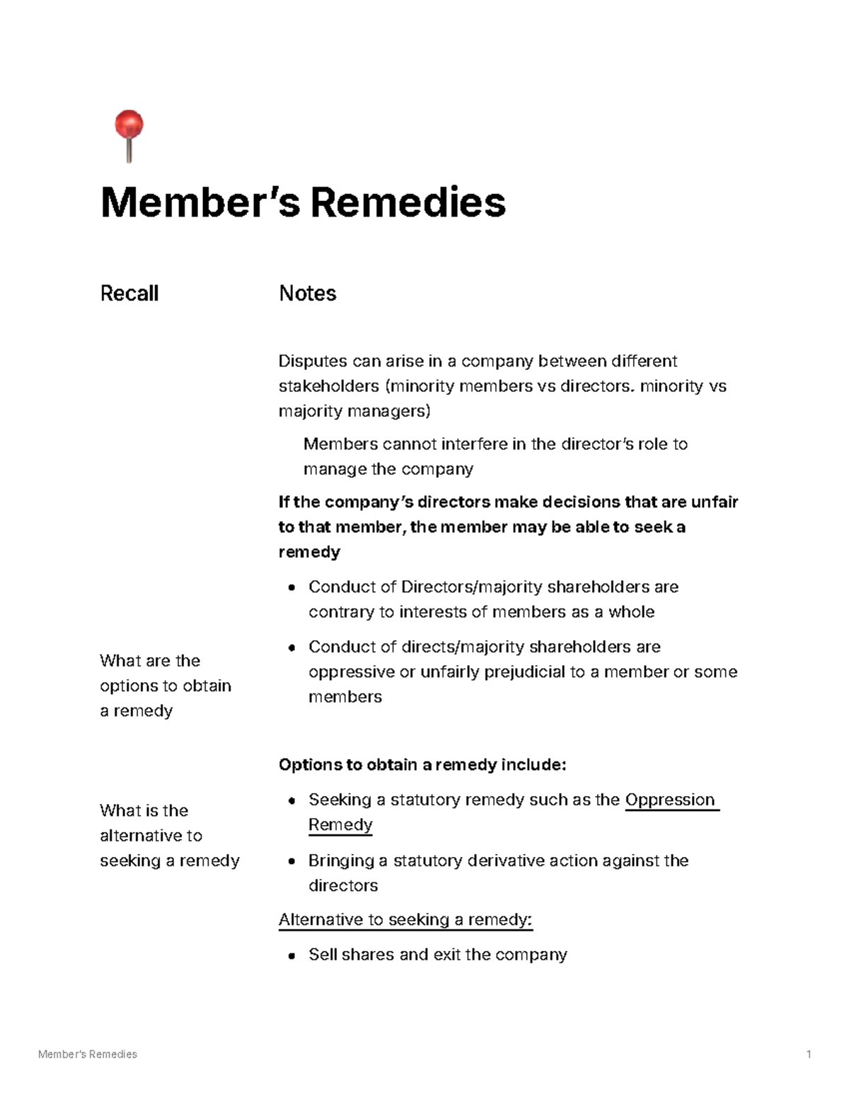 Week 9 Member’s Remedies - 📍 Memberʼs Remedies Recall What are the ...