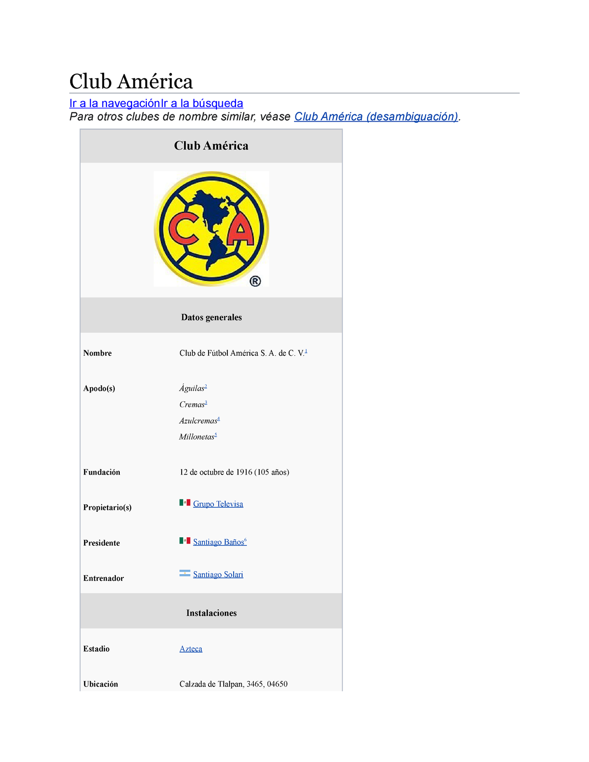 Historia del Club América - Club América Ir a la navegación Ir a la  búsqueda Para otros clubes de - Studocu