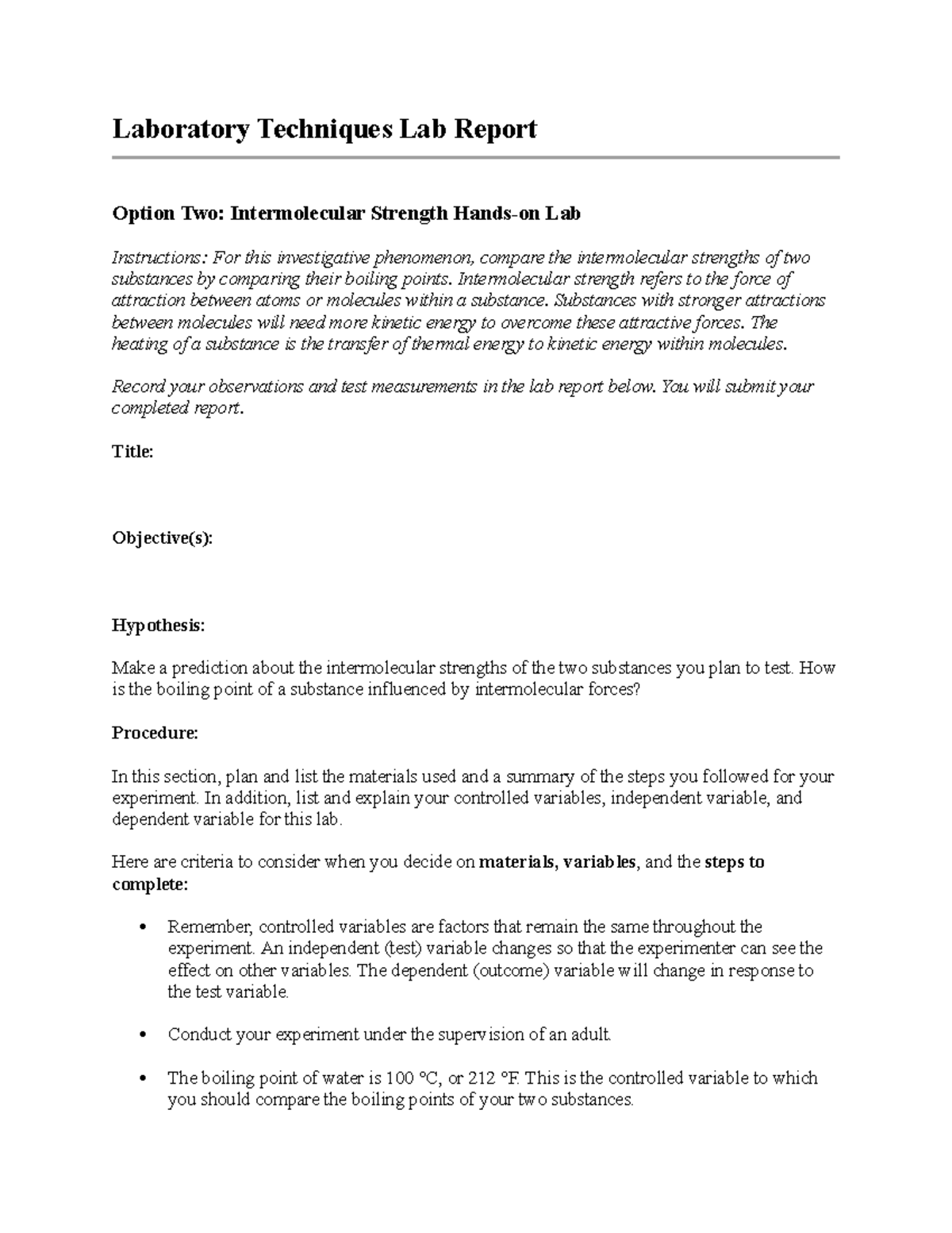 Laboratory techniques option two report - Laboratory Techniques Lab ...
