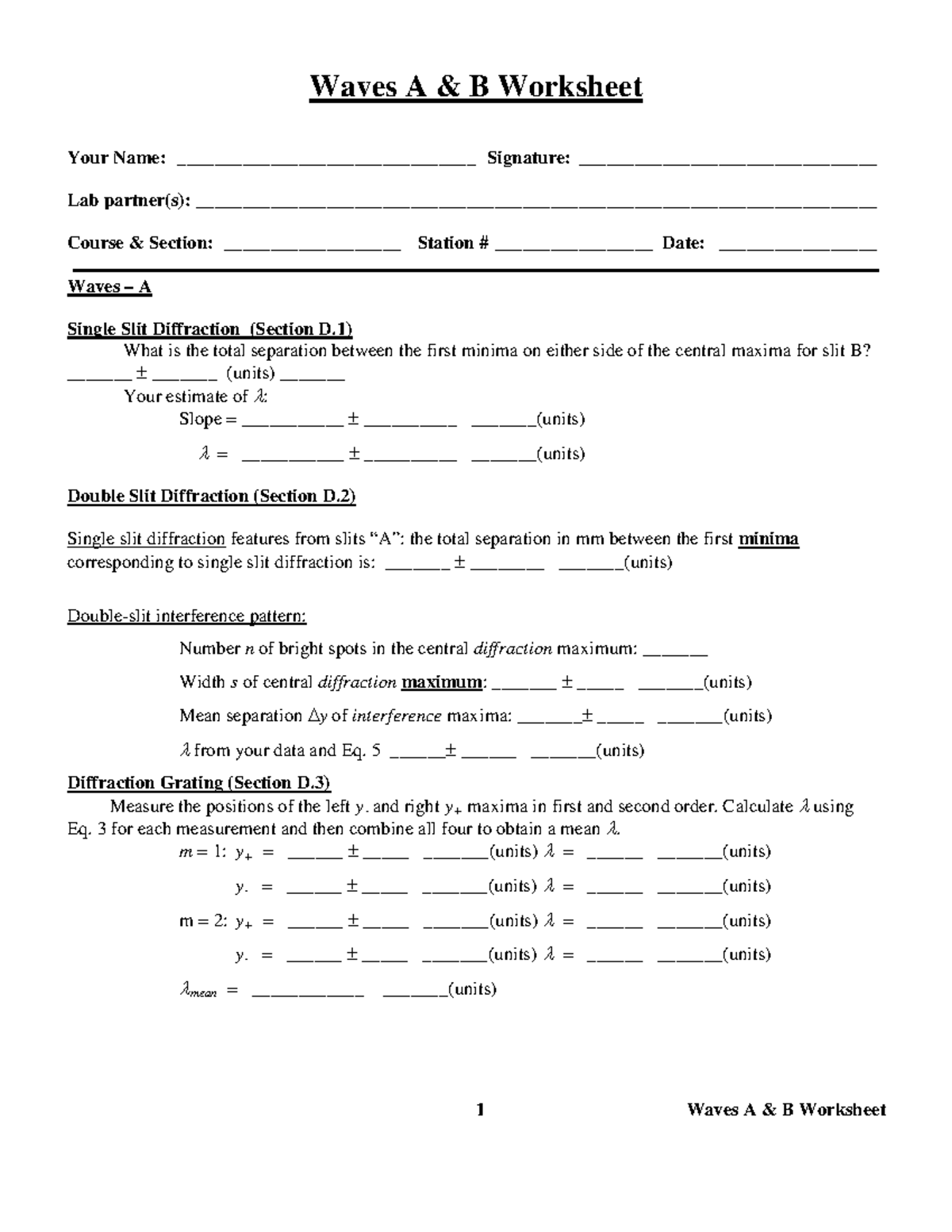 Waves Worksheet - 1 Waves A & B Worksheet Waves A & B Worksheet Your ...