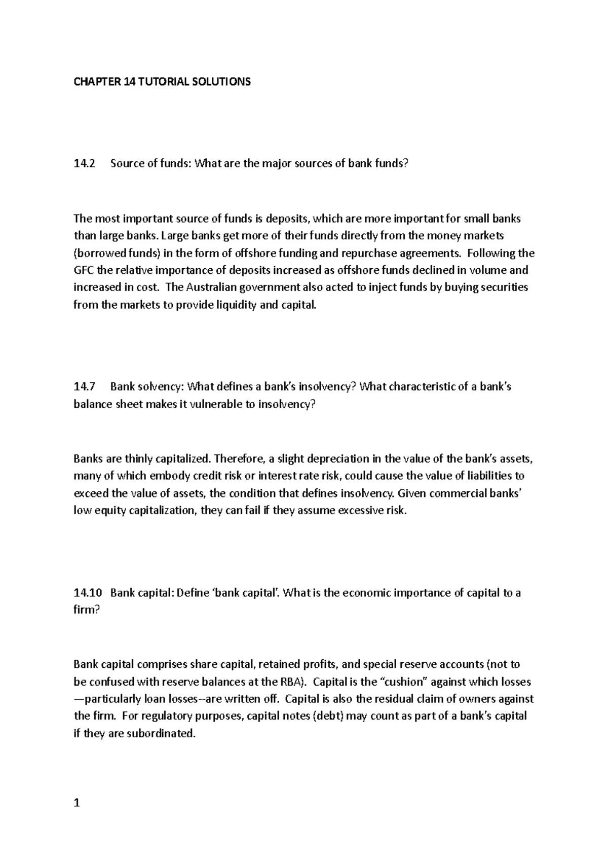 Chapter 14 Tutorial Solutions - CHAPTER 14 TUTORIAL SOLUTIONS 14 Source ...