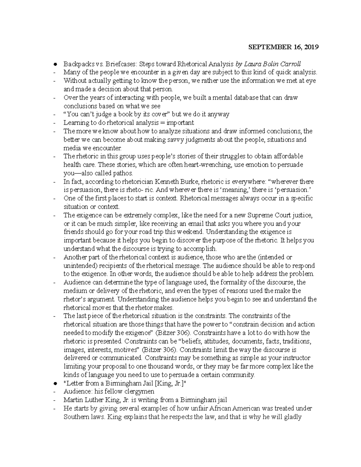 ENGL 120 HW Notes SEPTEMBER 16, 2019 Backpacks vs. Briefcases Steps