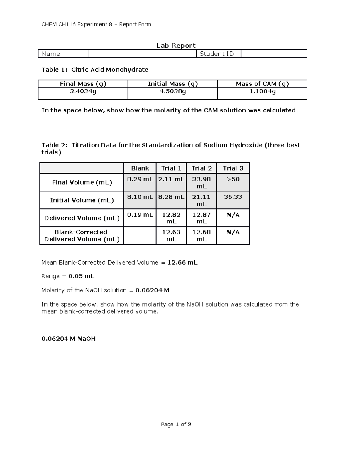 CHEM CH116 Experiment 8 AcidBase Titrations CHEM CH116 Experiment 8