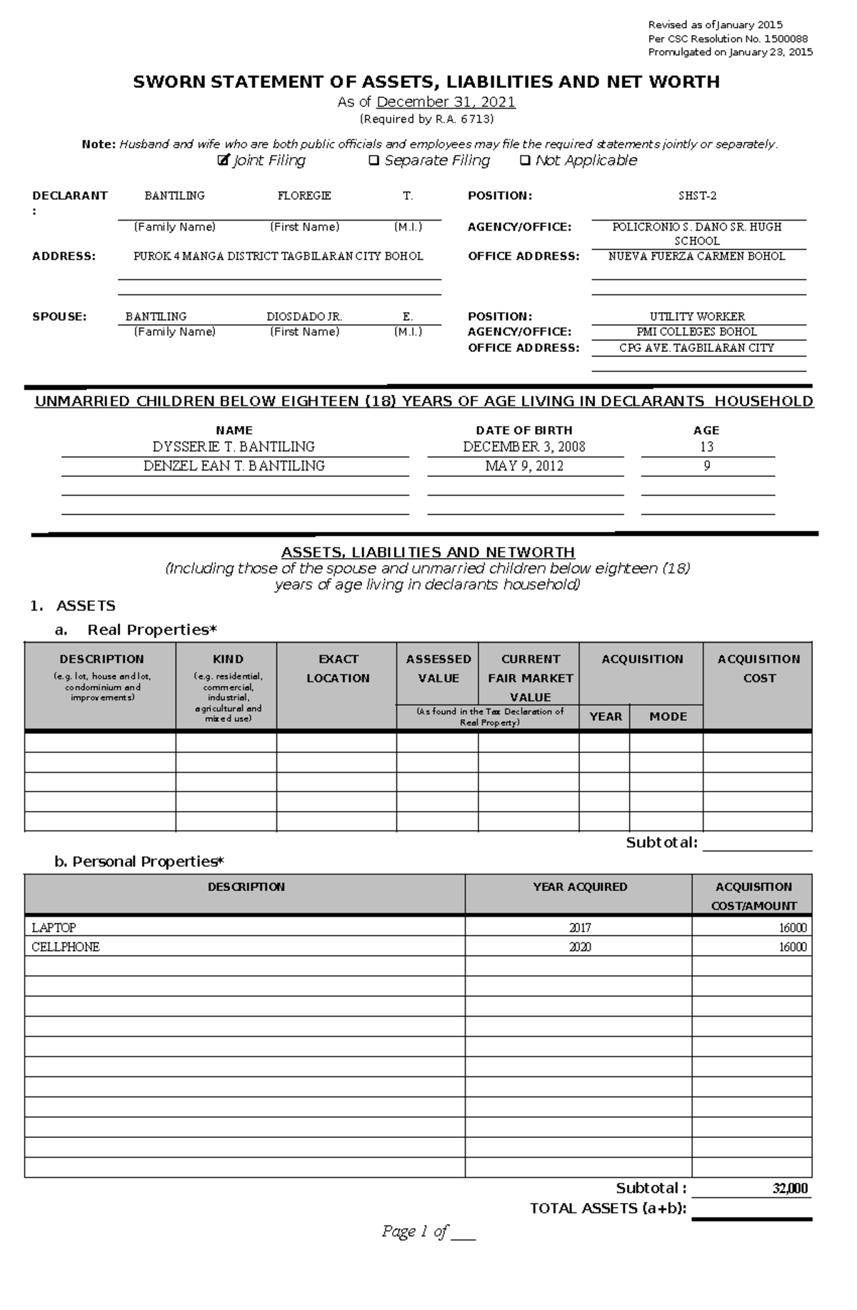 Revised 2015 SALN Form - saln sample - Revised as of January 2015 Per ...