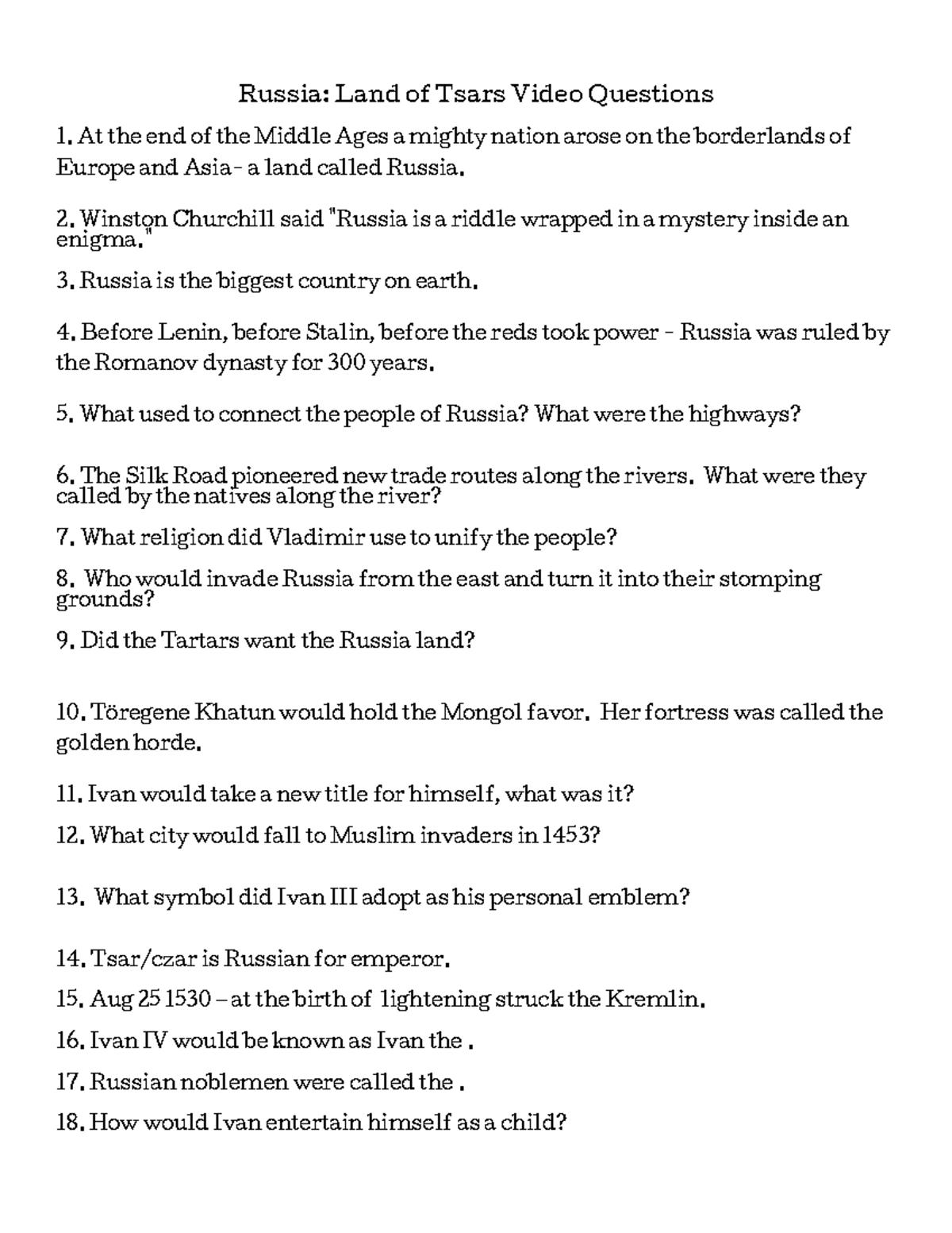 Gideon Little Russia Land of Tsars Video Questions Miller Russia