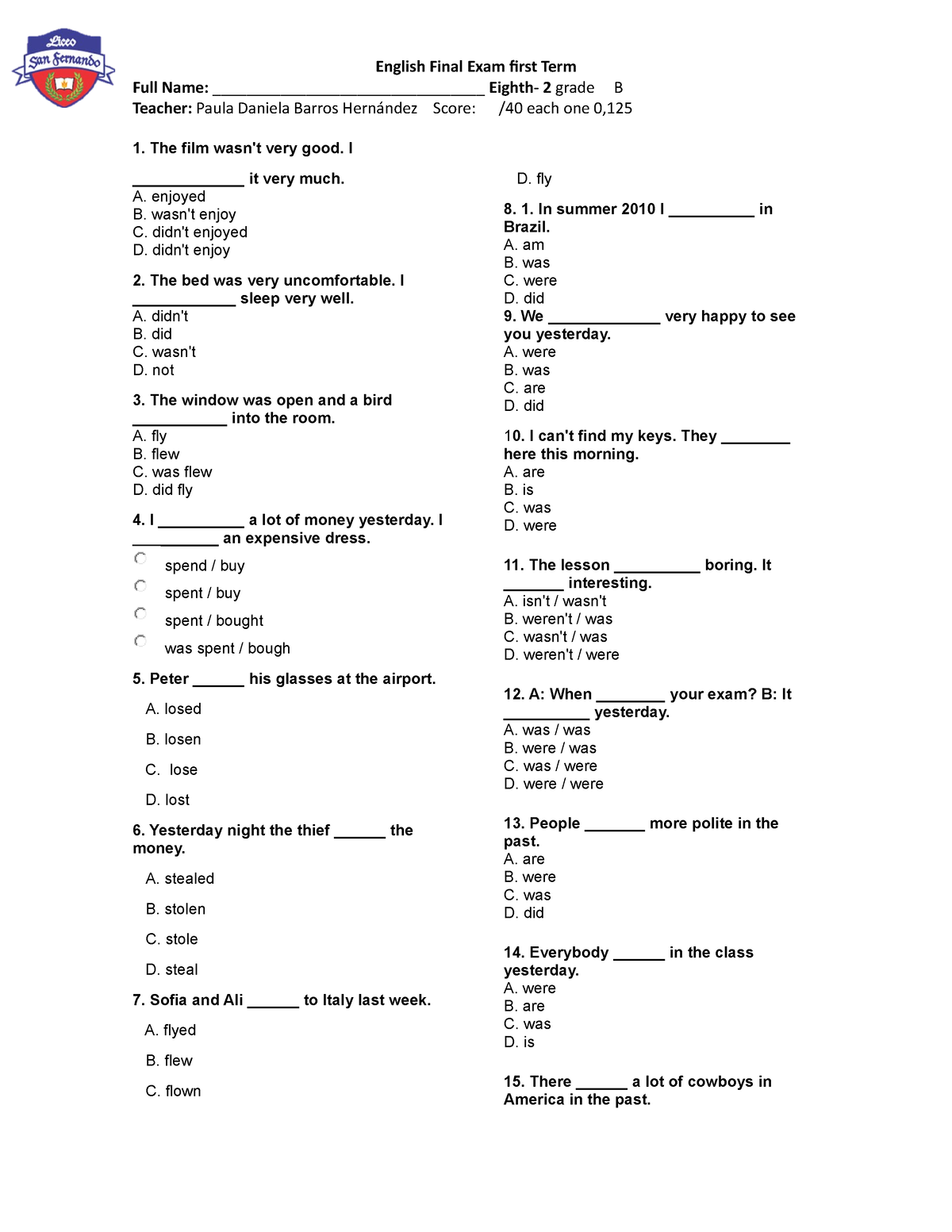 Final exam fisrt term 8th grade B - English Final Exam first Term Full ...