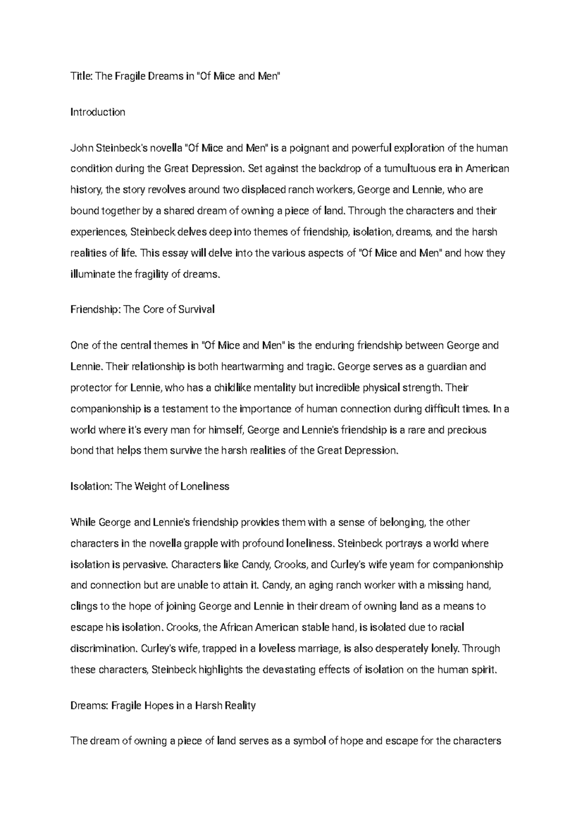 Essay on OMAM Title The Fragile Dreams in "Of Mice and Men