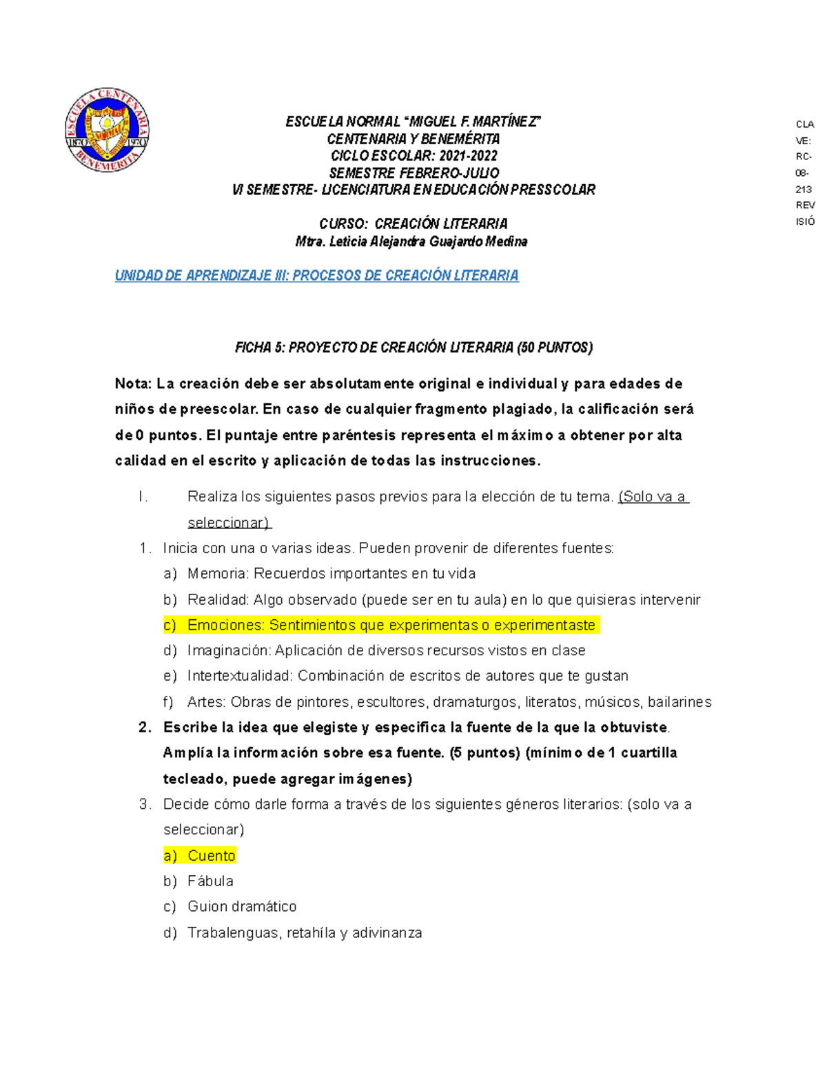 Ficha 5 U3 EspaÑol 5to Escuela Normal “miguel F MartÍnez” Centenaria Y BenemÉrita Ciclo 9677