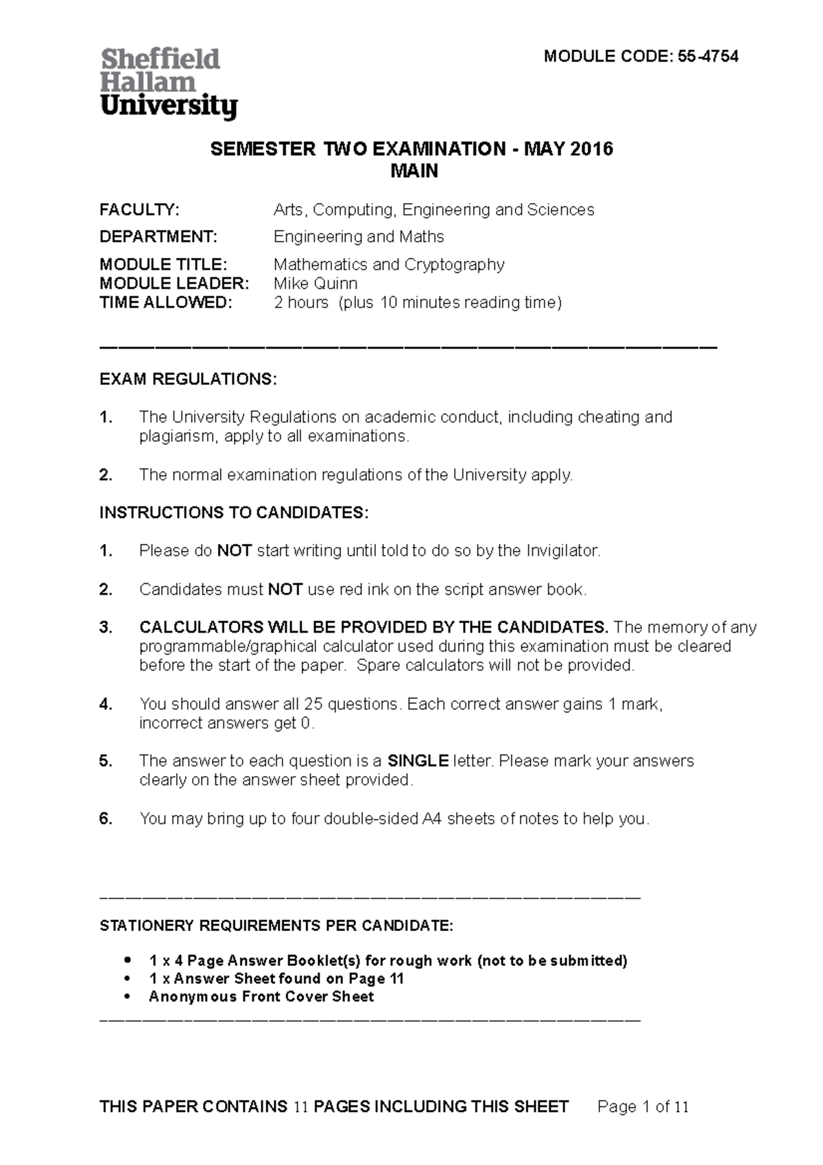May 2016 questions - MODULE CODE: 55-4754 SEMESTER TWO EXAMINATION ...