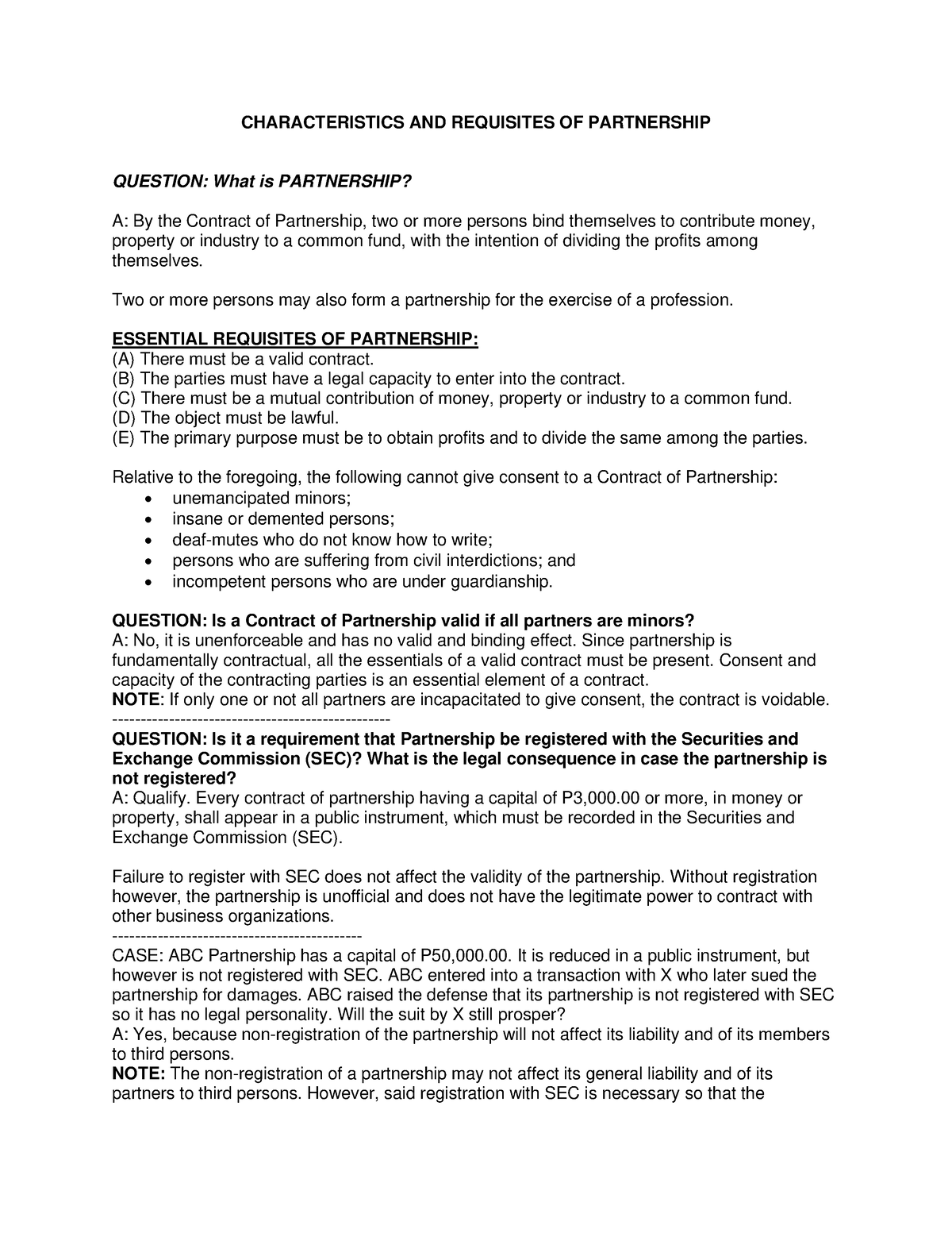 Business-LAW Prelim- Partnership - CHARACTERISTICS AND REQUISITES OF ...