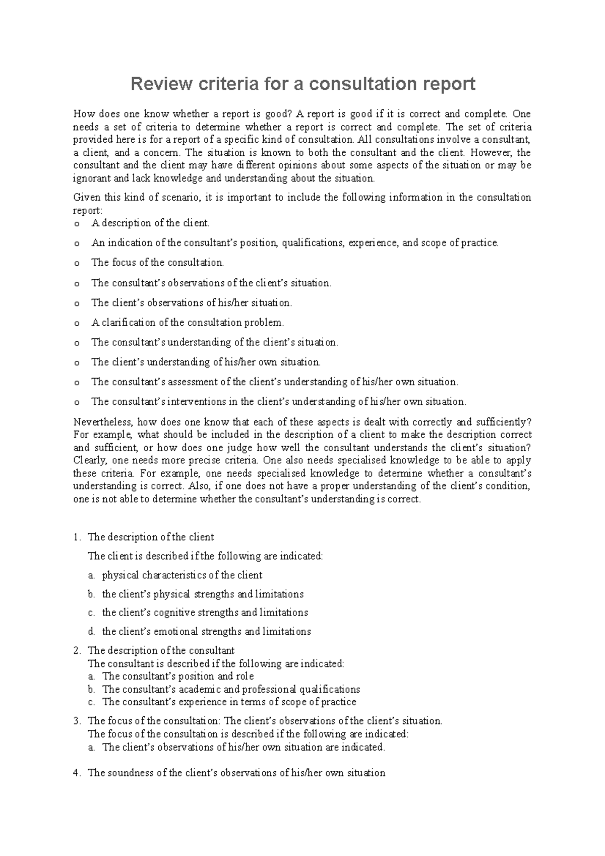 Review Criteria A08 Review criteria for a consultation report How