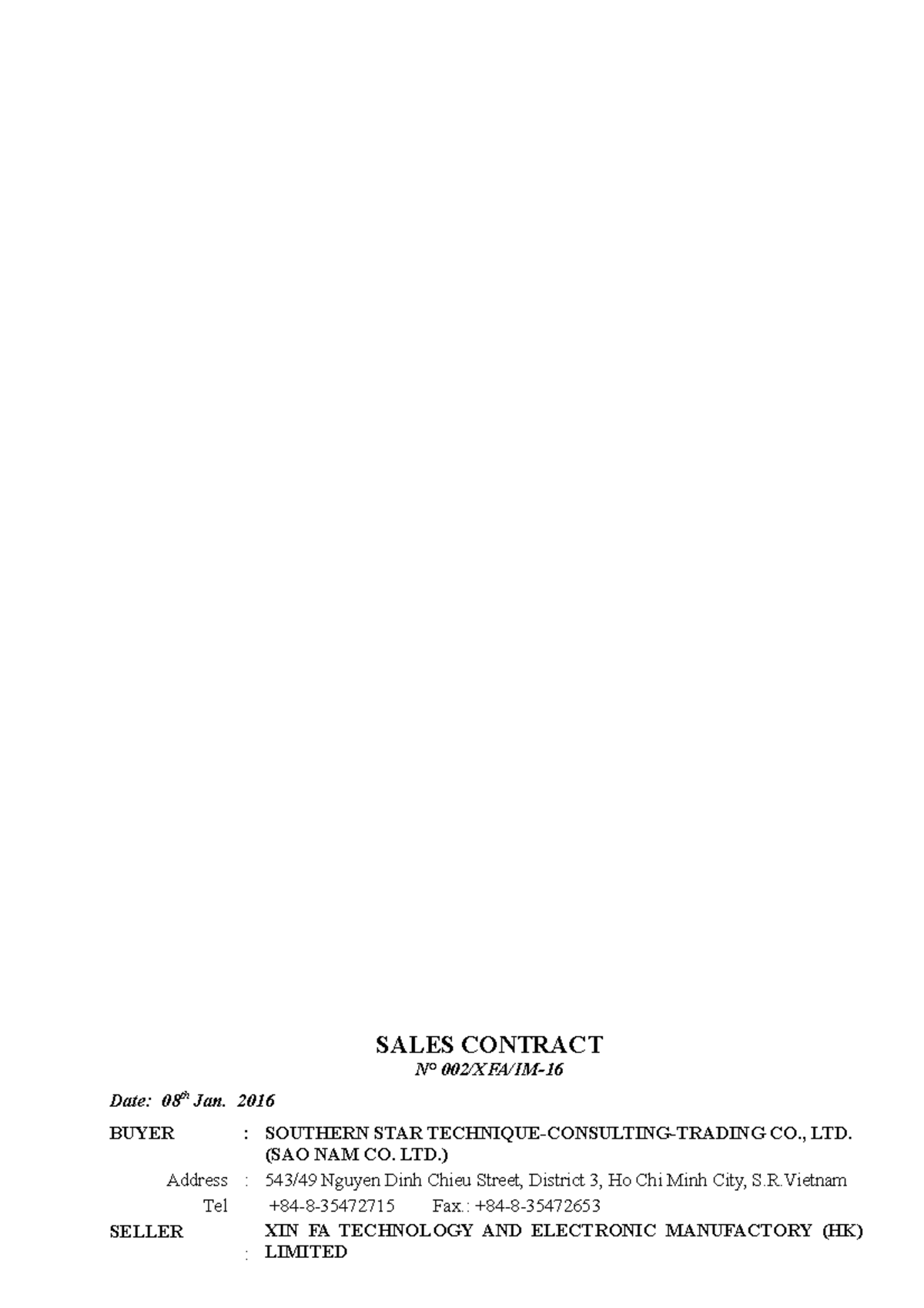 [Sample]- Sales contract - import - SALES CONTRACT N° 002/XFA/IM- Date ...