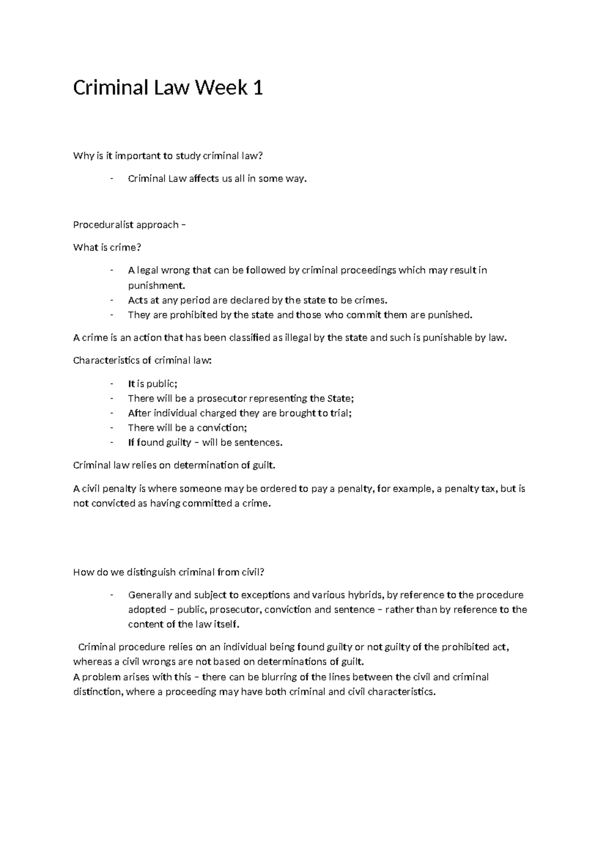 Criminal Law Week 1 - Proceduralist approach – What is crime? - A legal ...