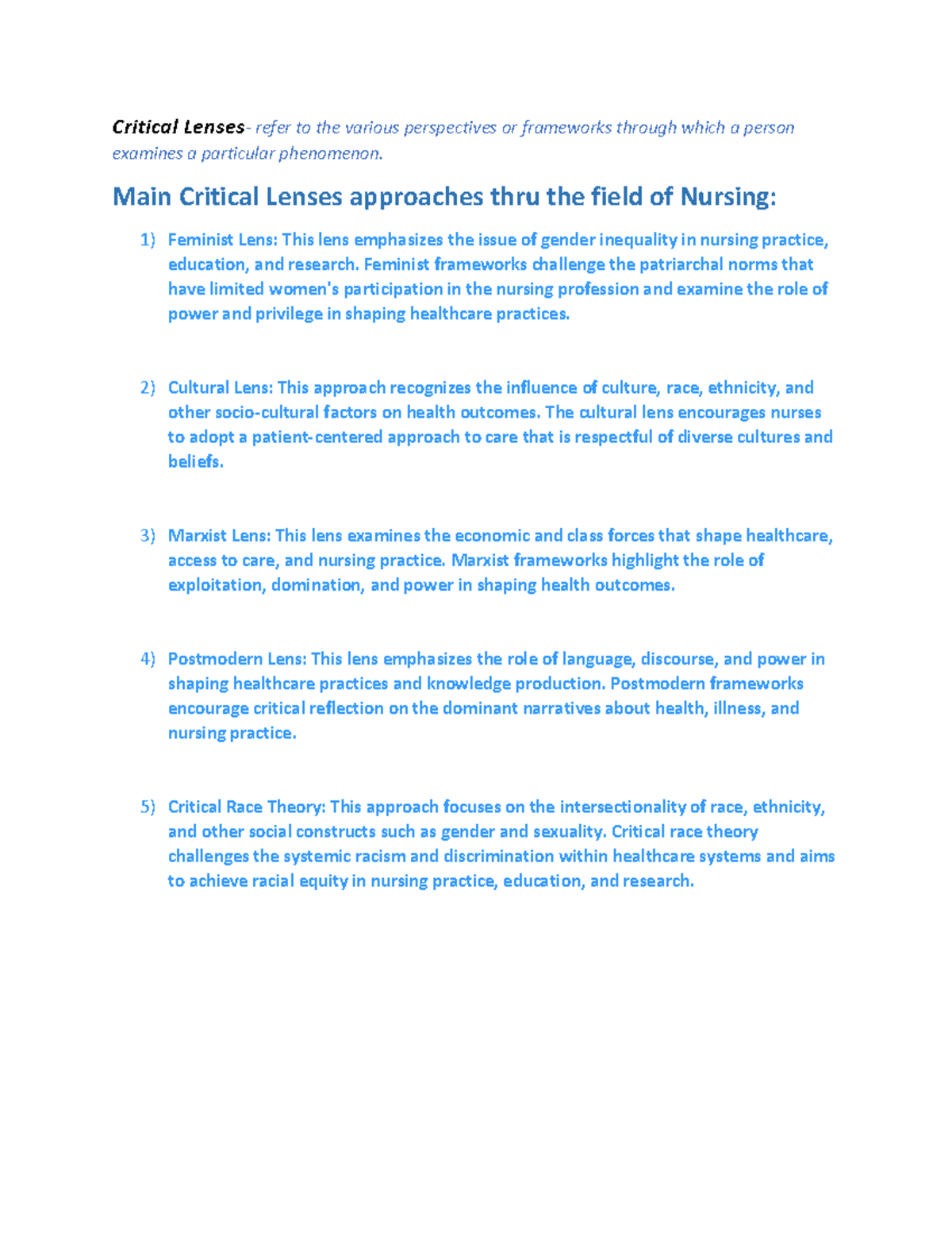 Critical Lenses Main Critical Lenses approaches thru the field of
