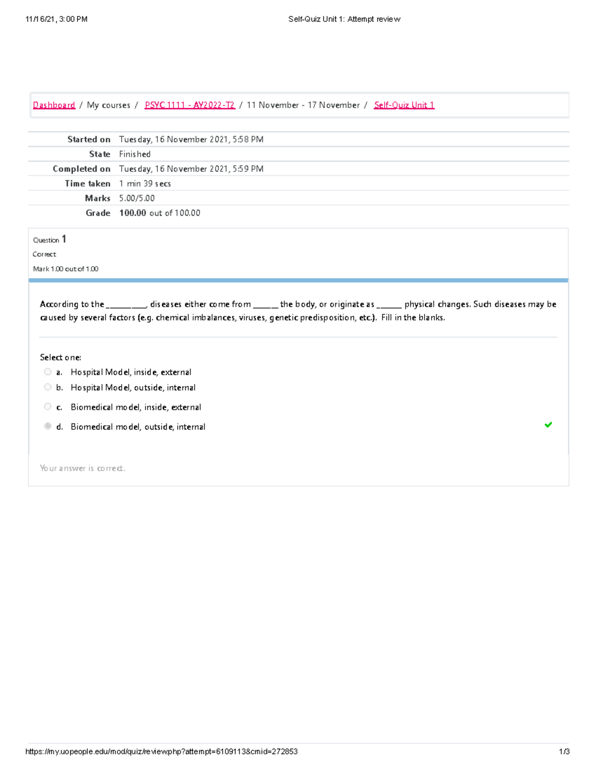 PSYC 1111 Self-Quiz Unit 1- Final Attempt 100% - 3:00 PM Unit 1 ...