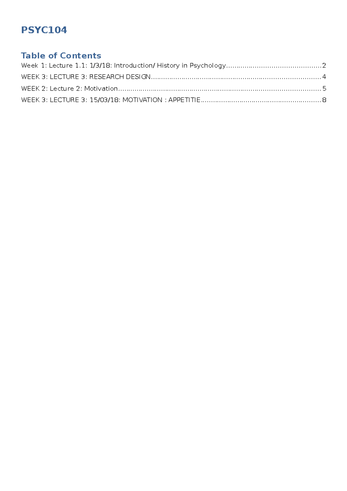 PSYC104 lecture notes - PSYC104 Table of Contents Week 1: Lecture 1: 1 ...