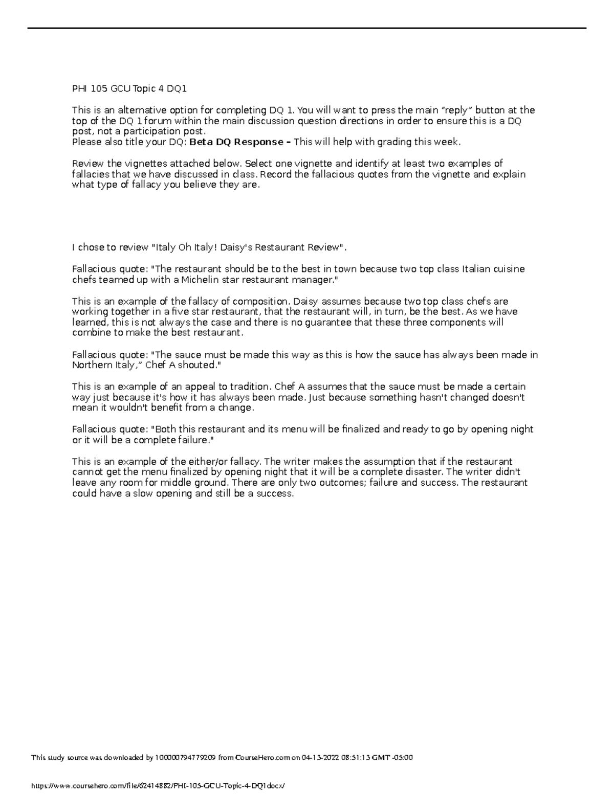 PHI 105 GCU Topic 4 DQ1 Discussion question PHI 105 GCU Topic 4 DQ1