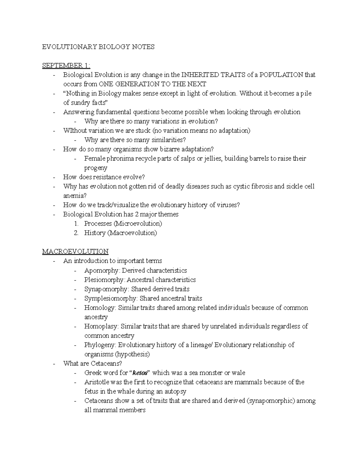 Biology 280 Notes-2 - Professor Akkiko - EVOLUTIONARY BIOLOGY NOTES