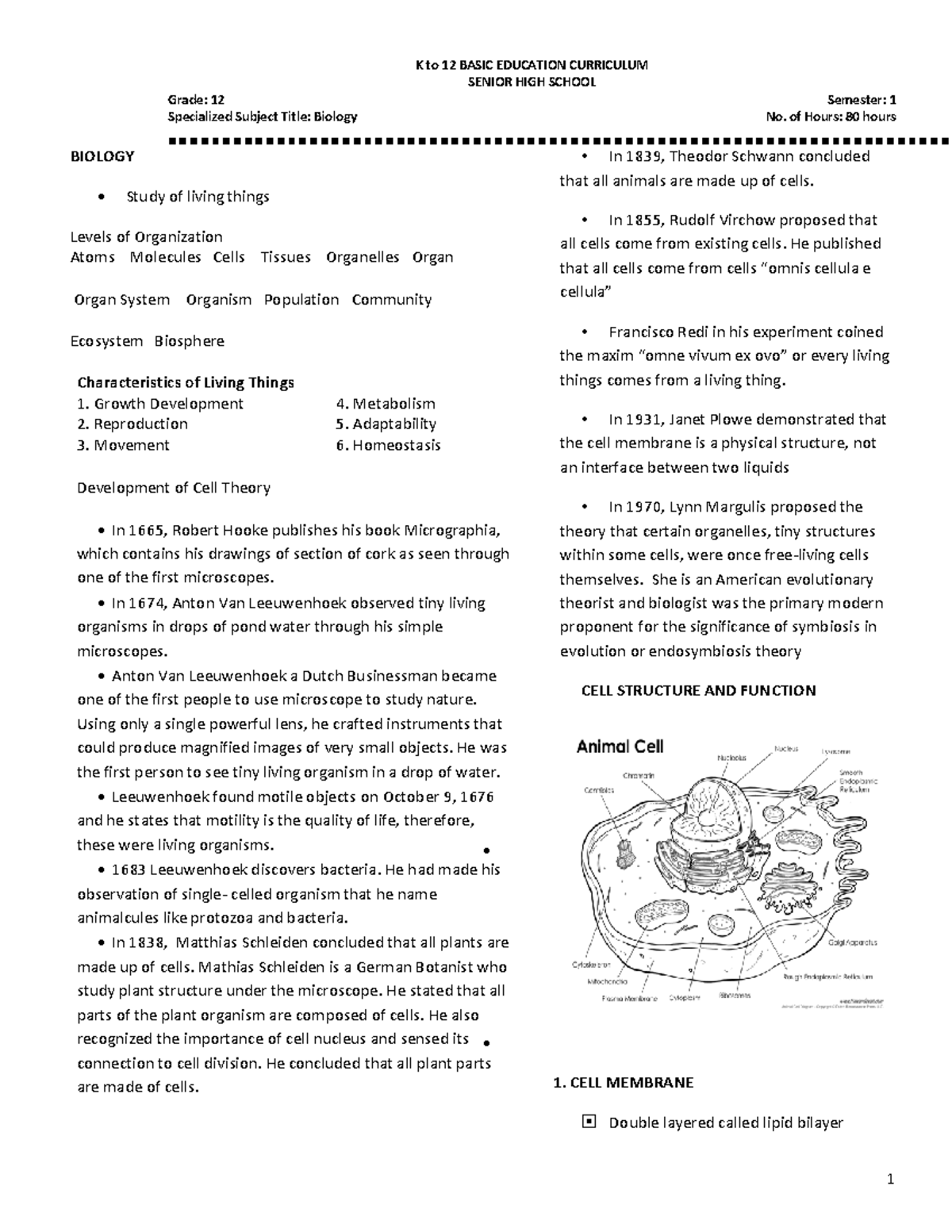 Handout - General Biology - SENIOR HIGH SCHOOL Grade: 12 Semester: 1 ...