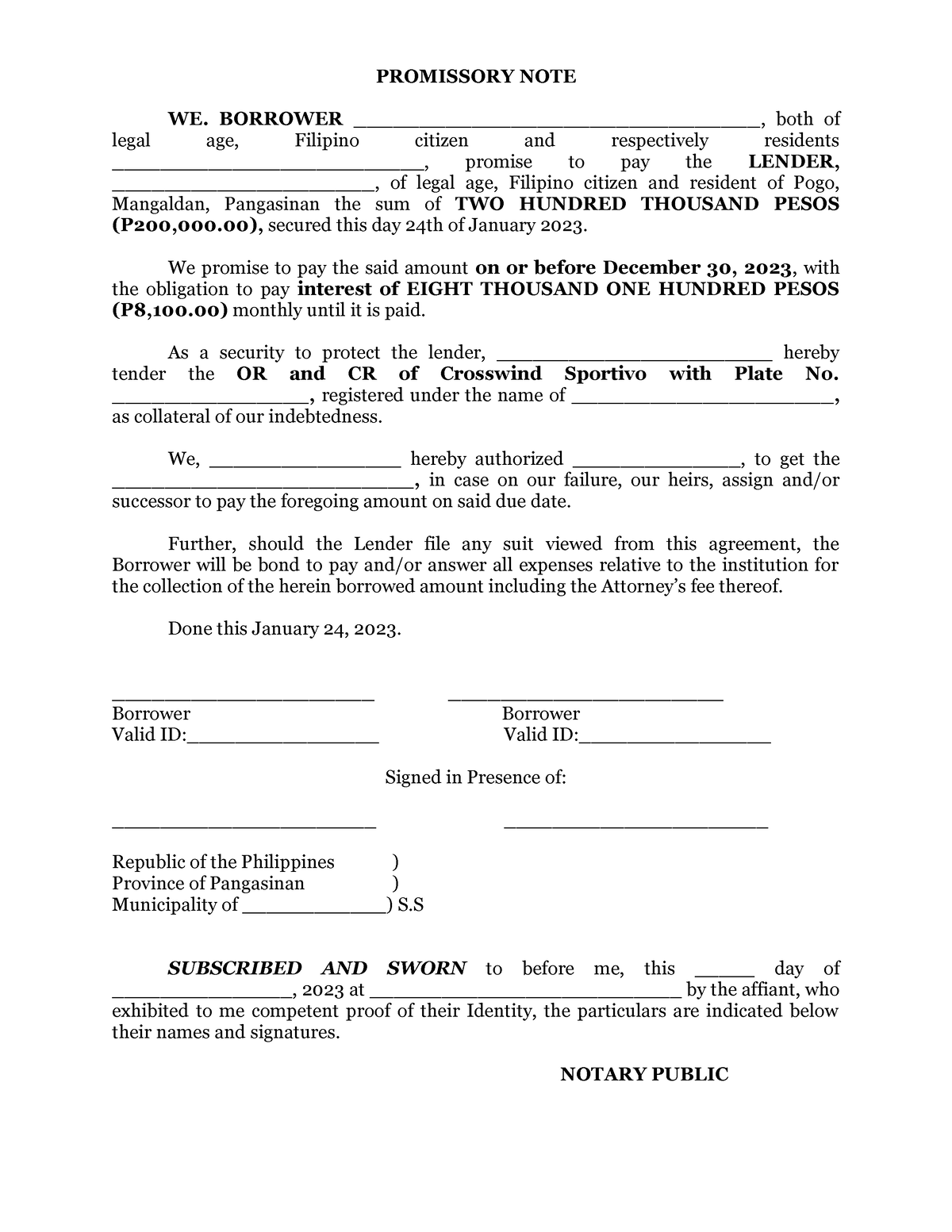 assignment of promissory note by borrower