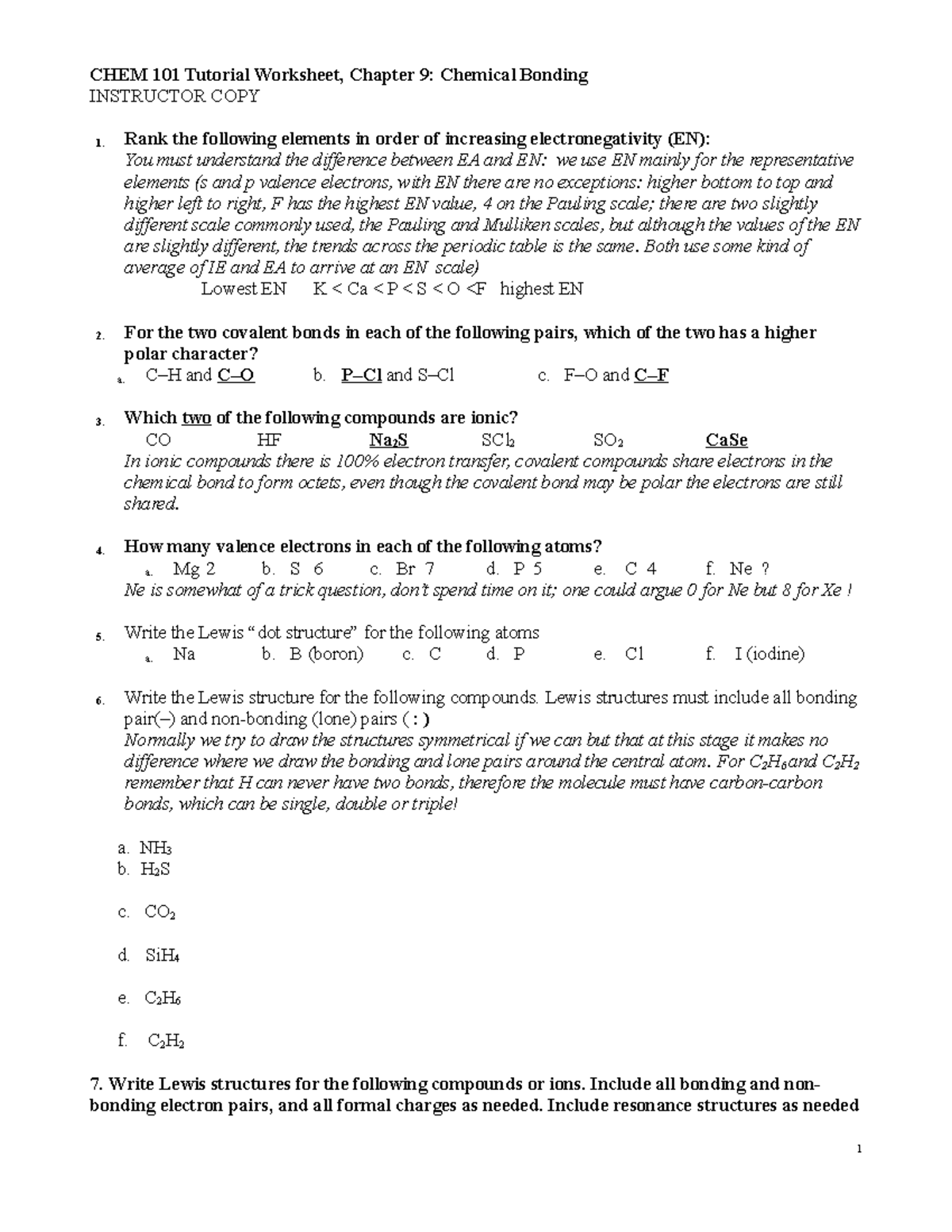 Worksheet Chapter 9 Bonding Answers New Chem 101 Tutorial Worksheet Chapter 9 Chemical 0309