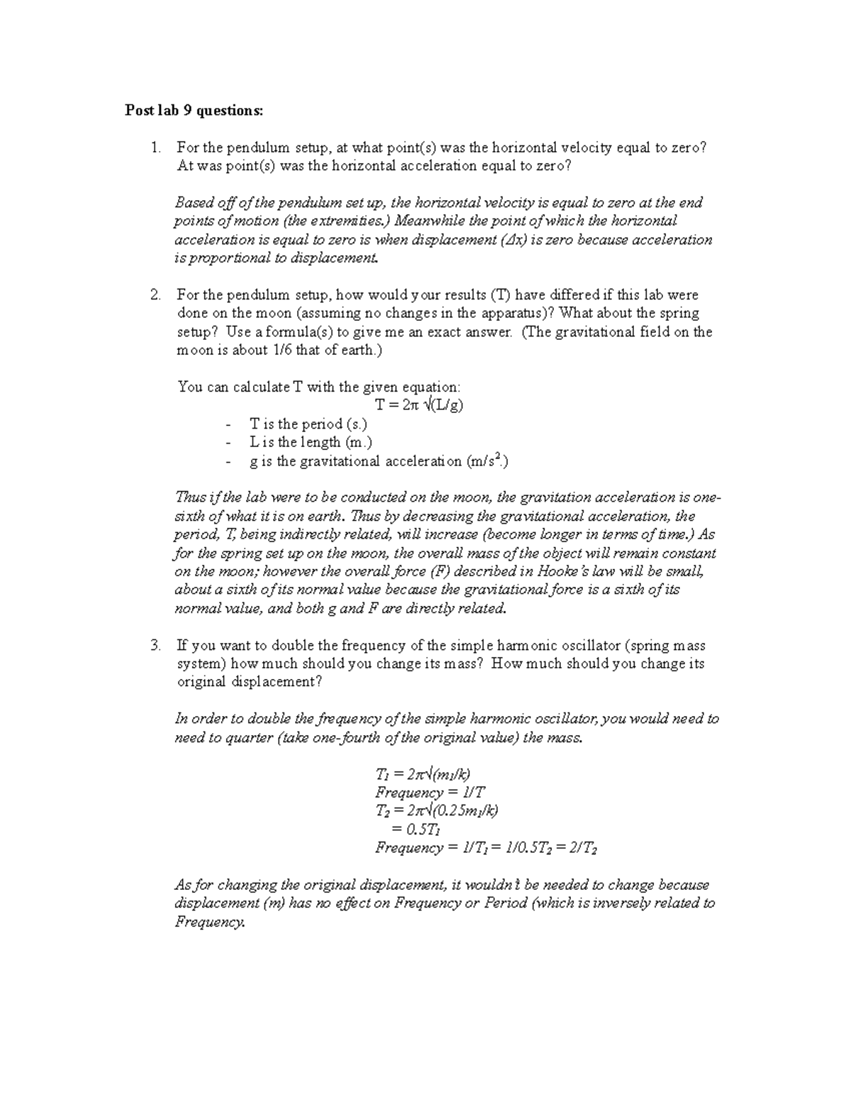 Postlab 09 - physics post-lab assignment - Post lab 9 questions: For ...