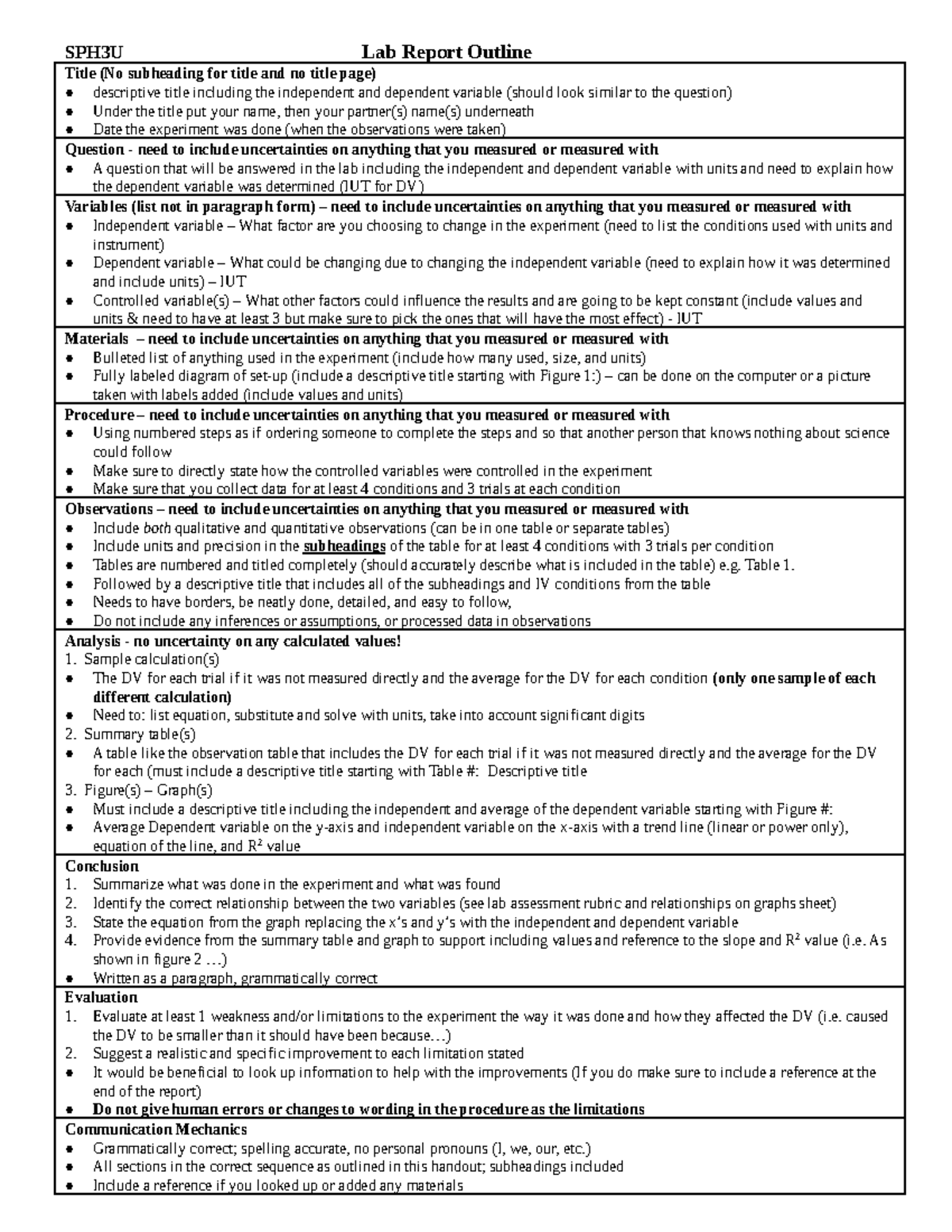 SPH3U Lab report outline - SPH3U Lab Report Outline Title (No ...