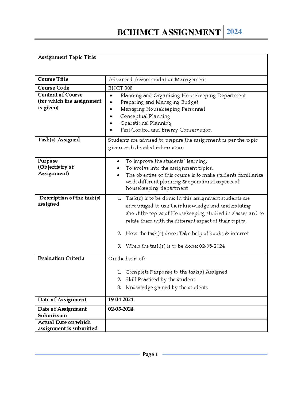Assignment Cover Page - Notes - BCIHMCT ASSIGNMENT 2024 Page 1 ...