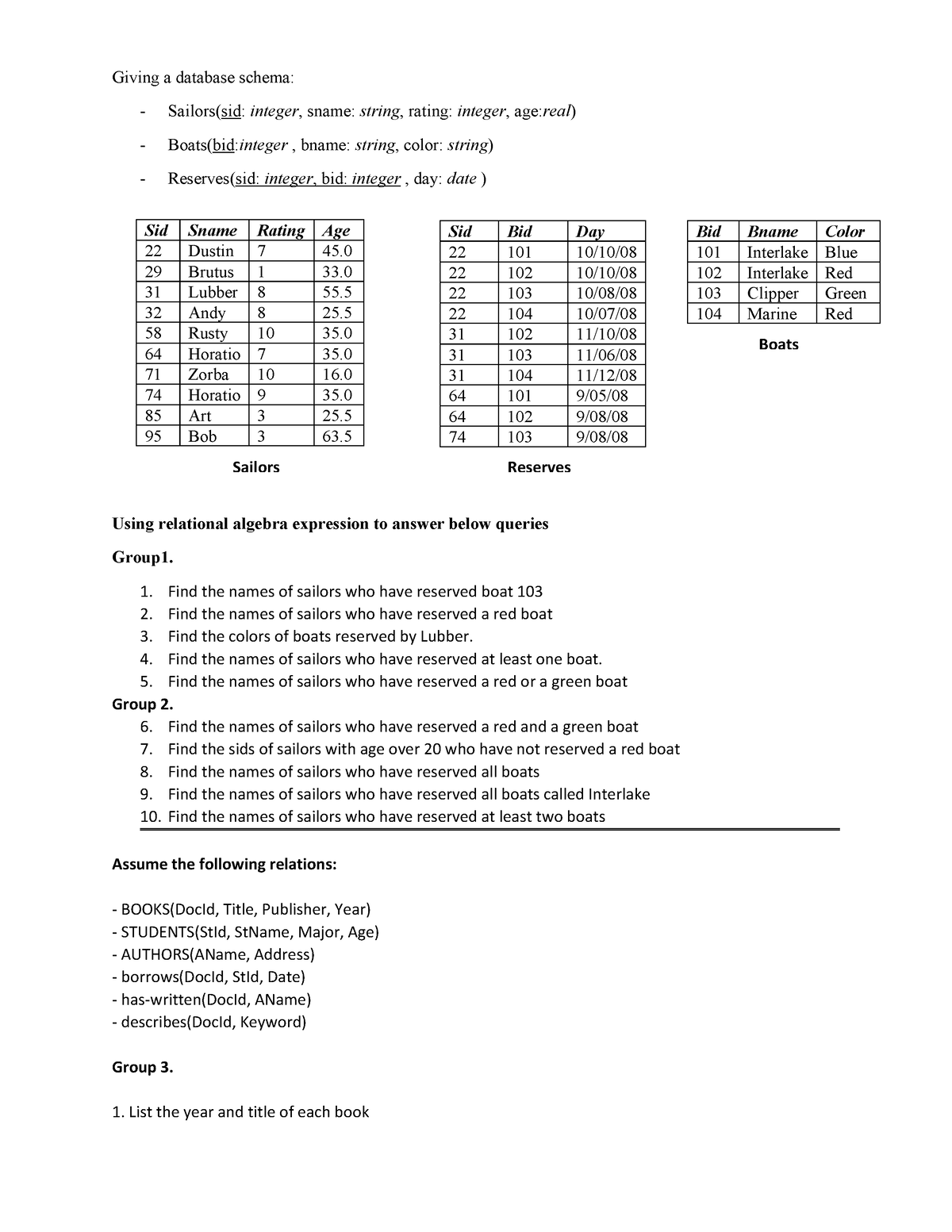 Lab1 - LAB1 - Giving A Database Schema: Sailors(sid: Integer, Sname ...