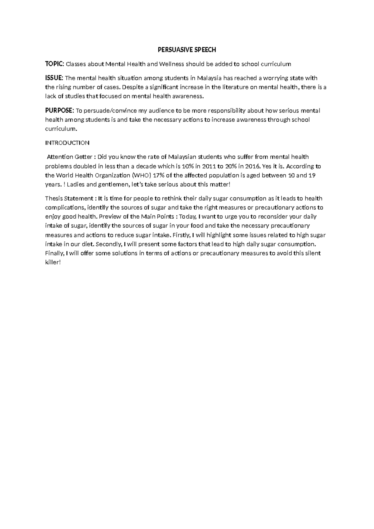 Persuasive Speech - elc - PERSUASIVE SPEECH TOPIC: Classes about Mental Health and Wellness ...