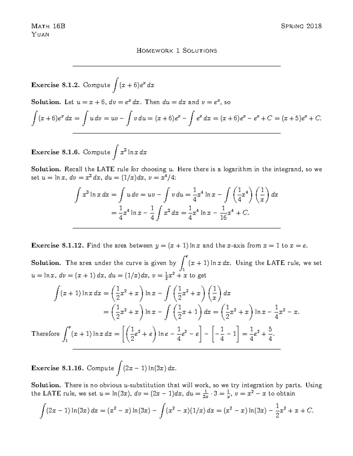 Hw01solns - HW 1 Solutions - Math 16B Spring 2018 Yuan Homework 1 ...