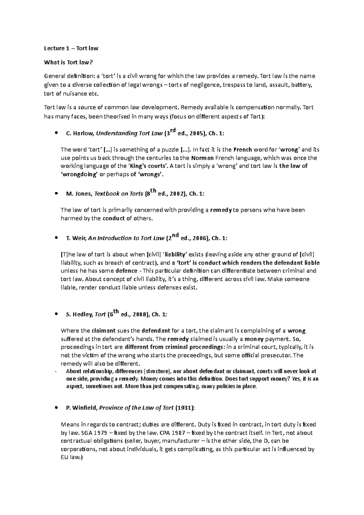 Lecture 1 - introduction - Lecture 1 – Tort law What is Tort law ...
