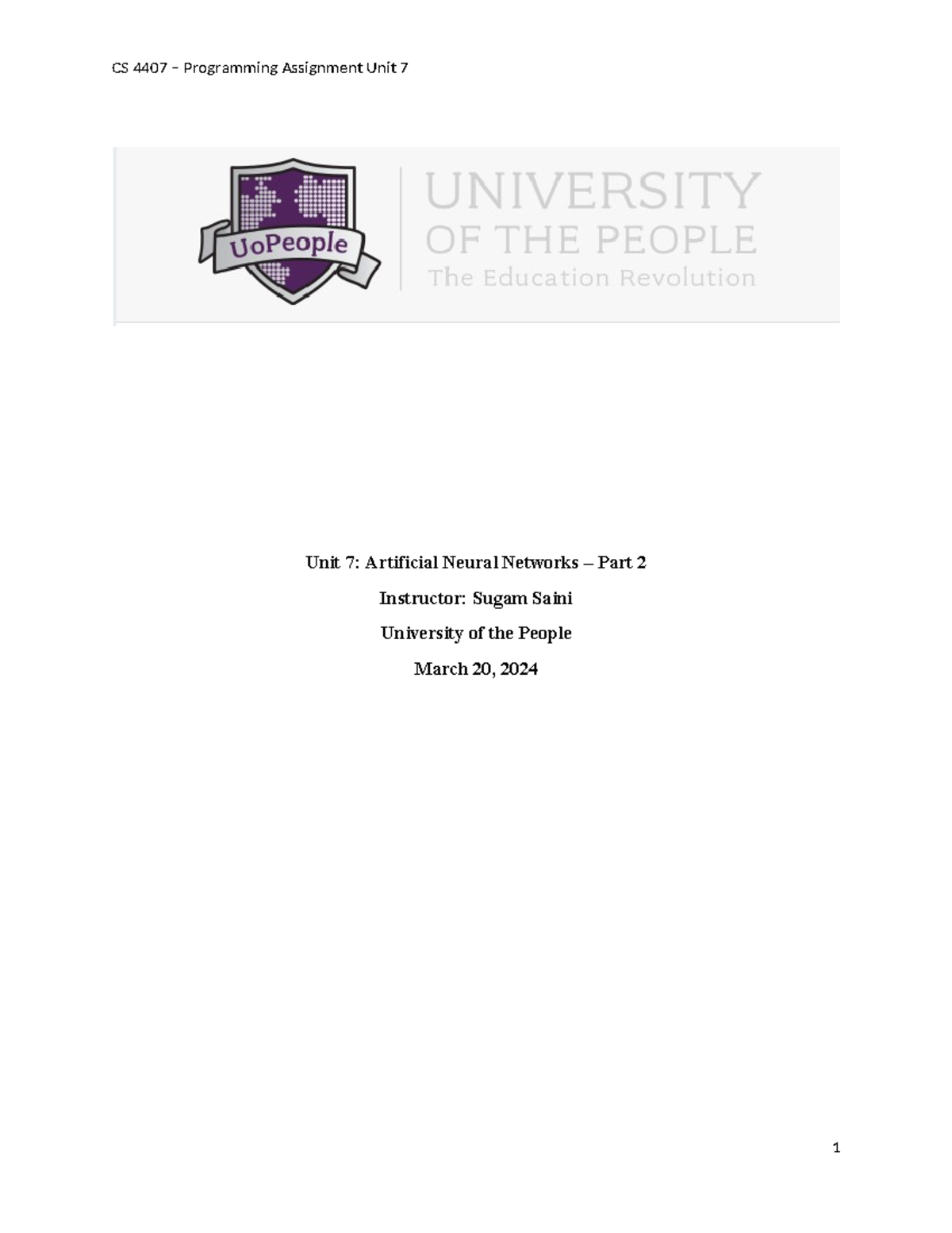 CS 4407 Programming Assignment Unit 7 - Unit 7: Artificial Neural ...