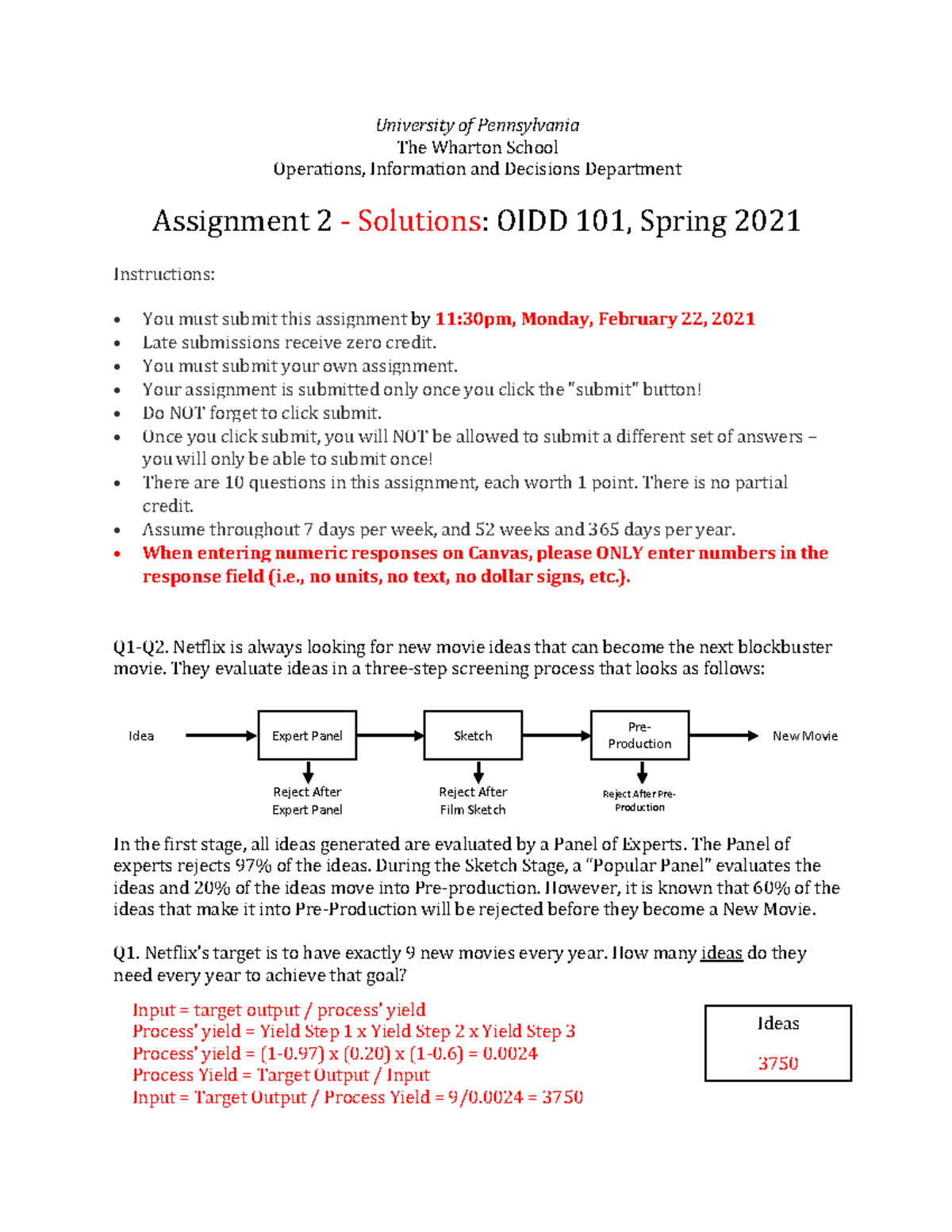 A2 Solutions - Spring 2021 - Input = target output / process’ yield ...