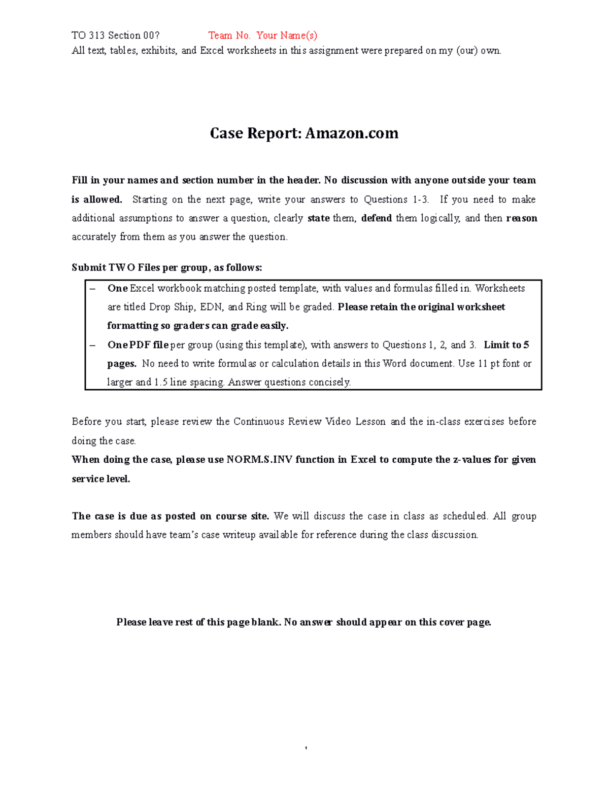 Amazon report template TO 313 Section 00? Team No. Your Name(s) All